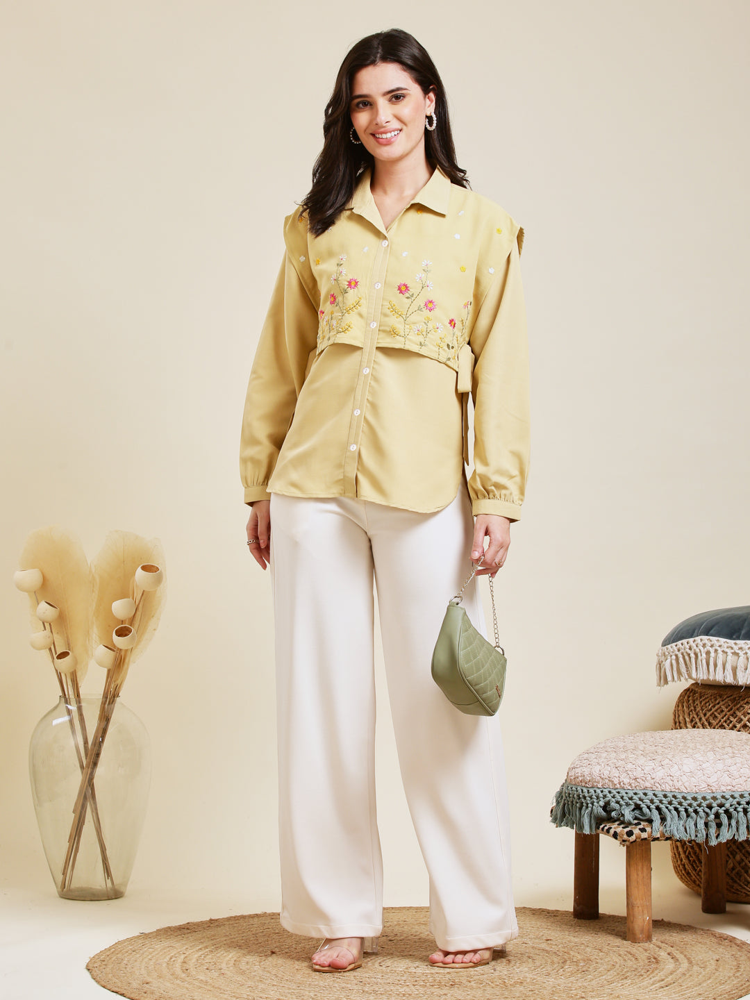 Yellow Embroidered Viscose Blend Shirt for Women