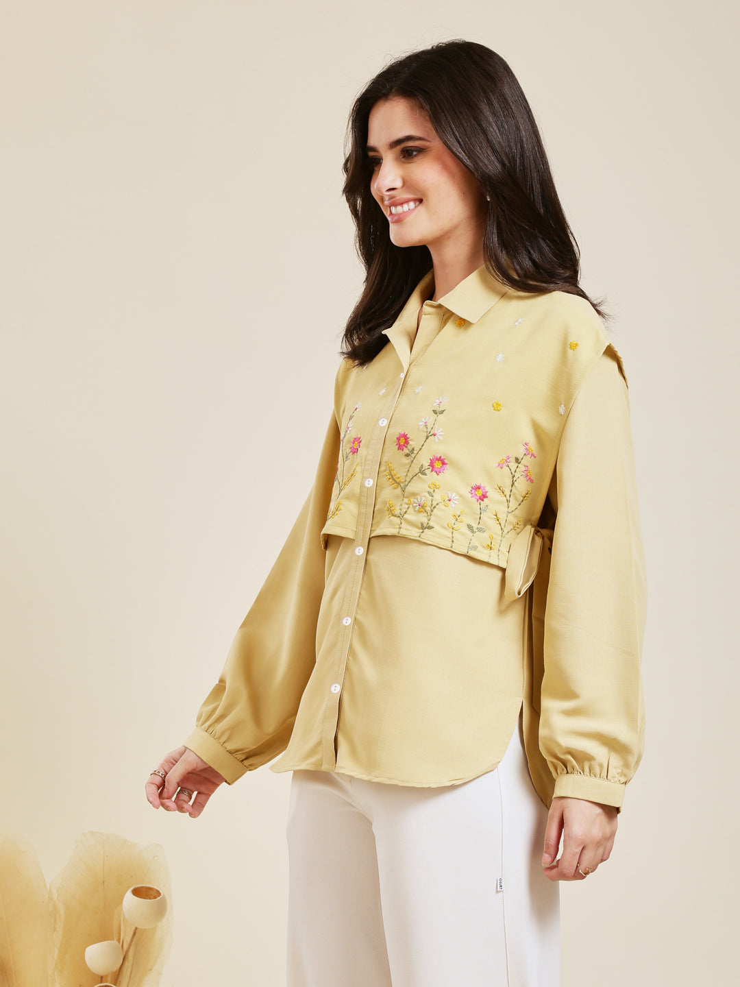 Yellow Embroidered Viscose Blend Shirt for Women