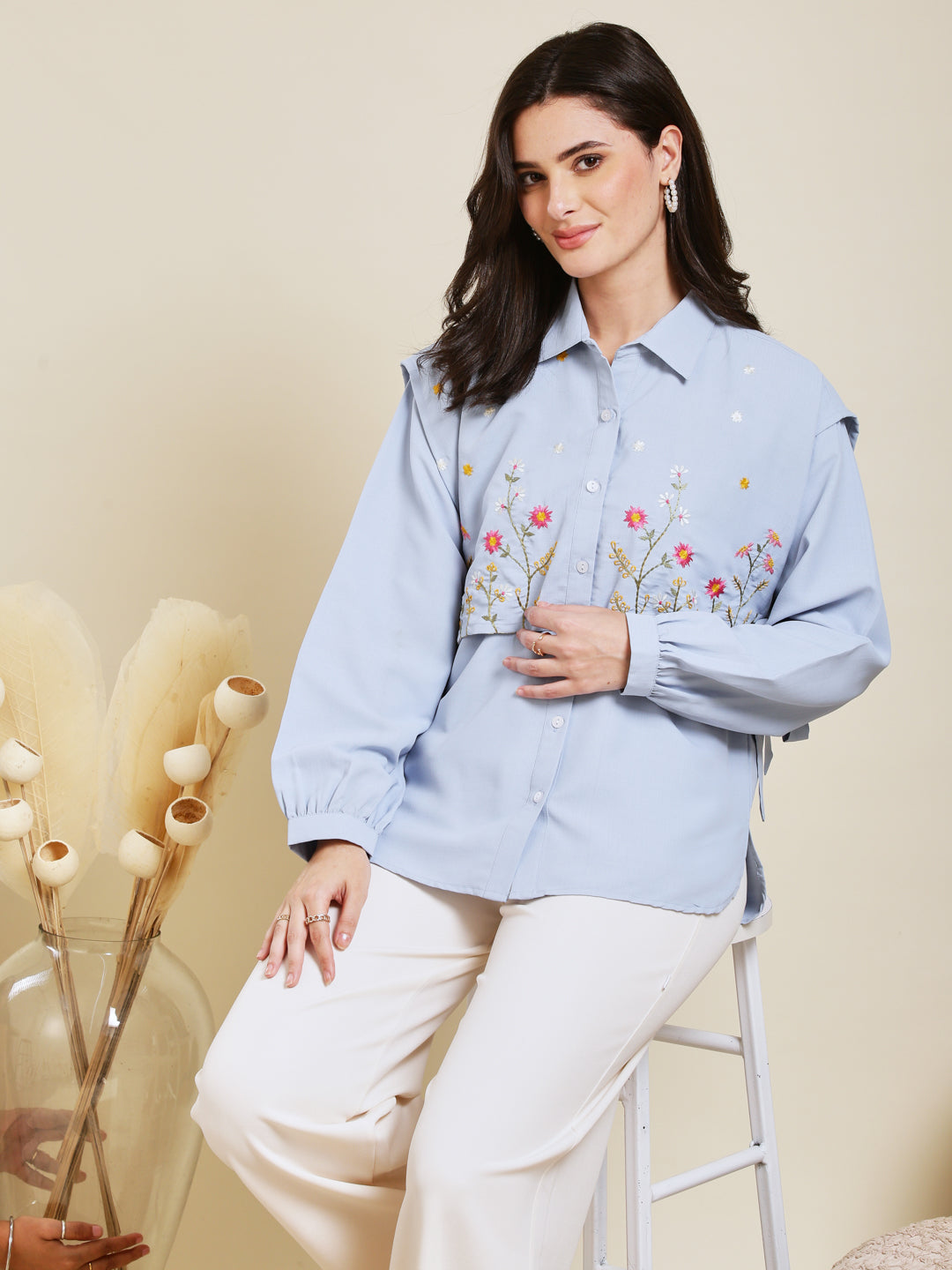 Sky Blue Embroidered Viscose Blend Shirt for Women