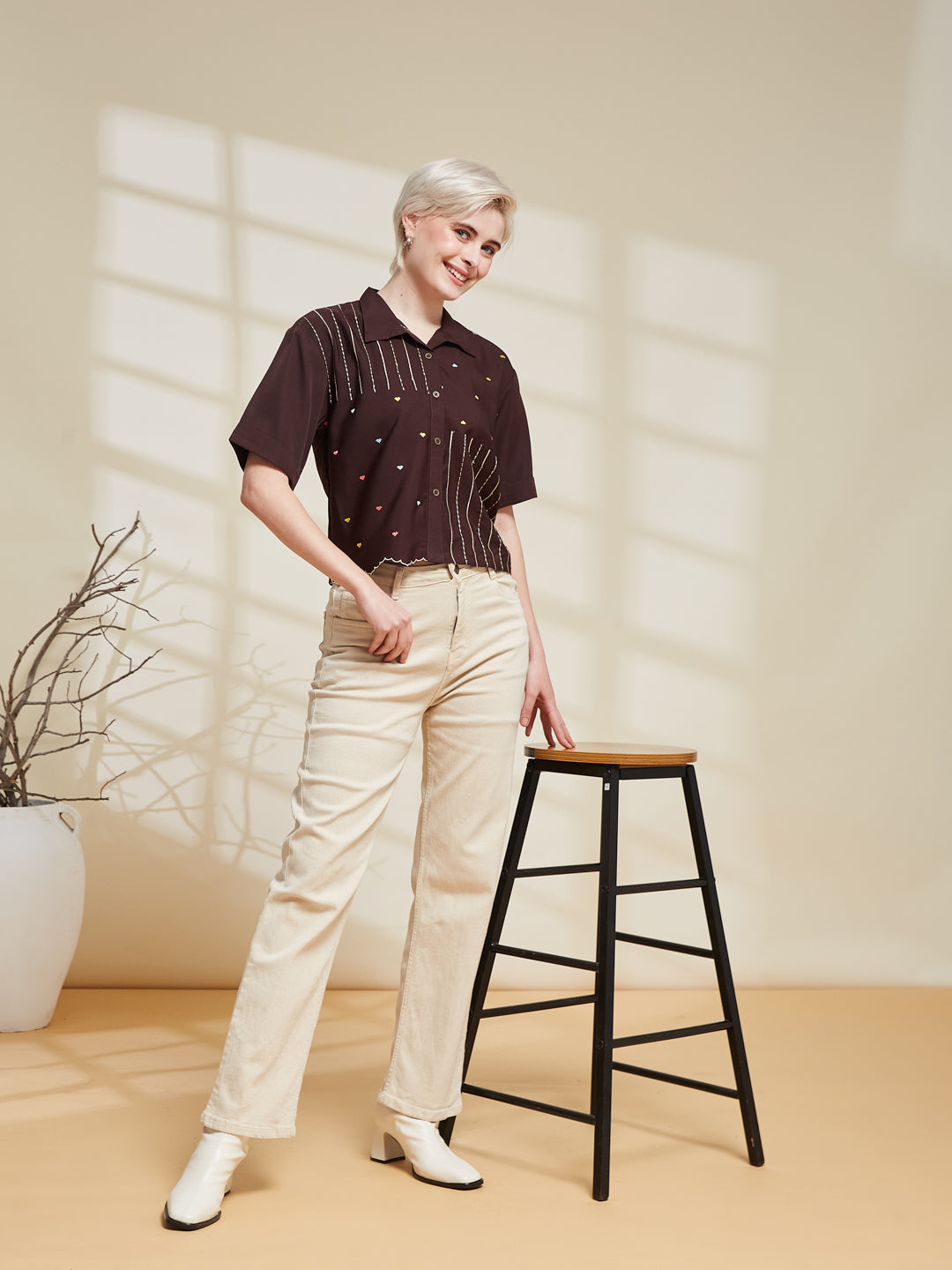 Coffee Crepe Embroidered Regular Fit Shirt for Women