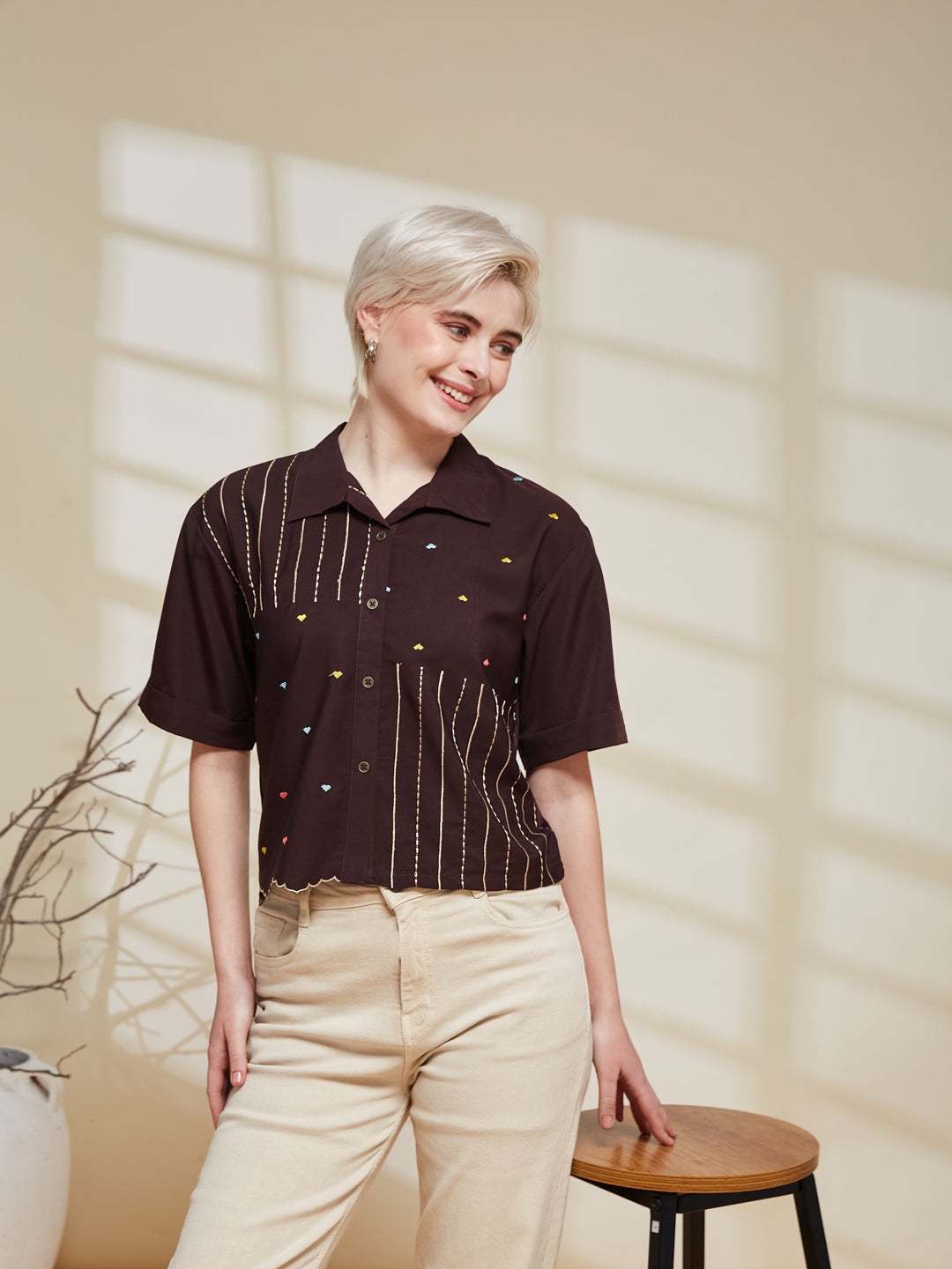Coffee Crepe Embroidered Regular Fit Shirt for Women