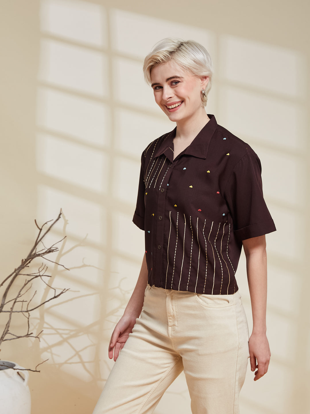 Coffee Crepe Embroidered Regular Fit Shirt for Women