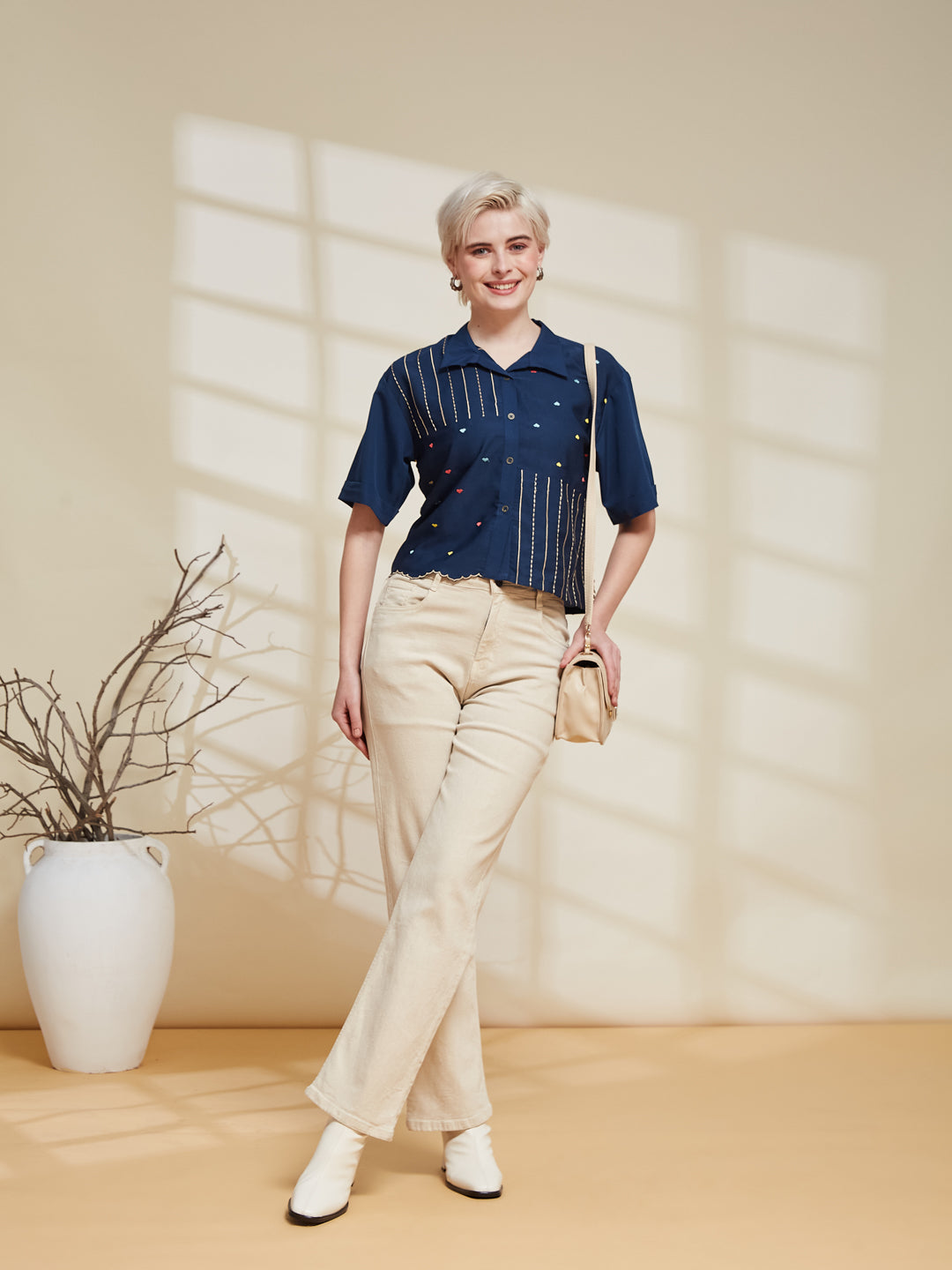 Navy Blue Crepe Embroidered Regular Fit Shirt for Women | frontside full view