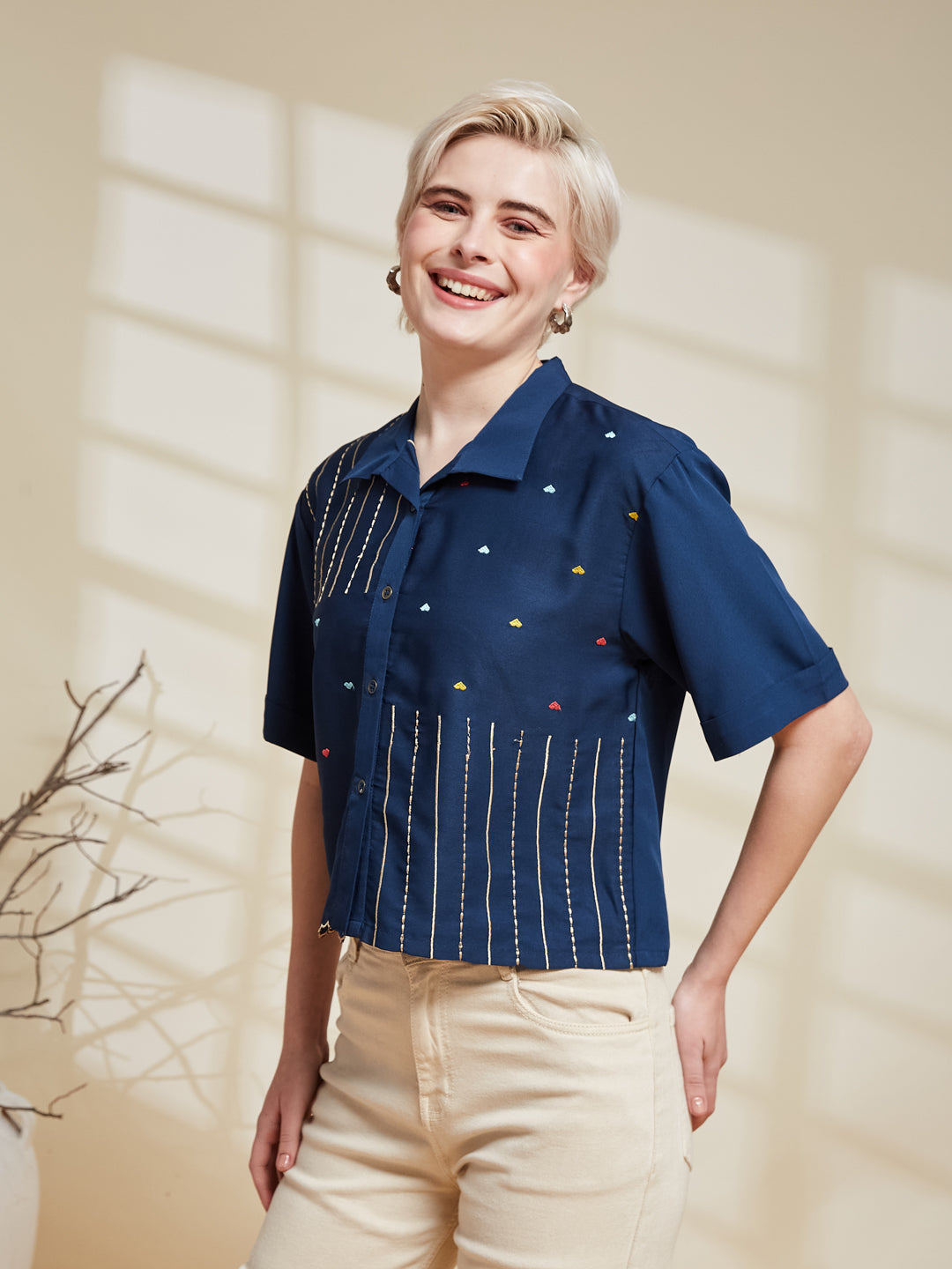 Navy Blue Crepe Embroidered Regular Fit Shirt for Women | leftside view