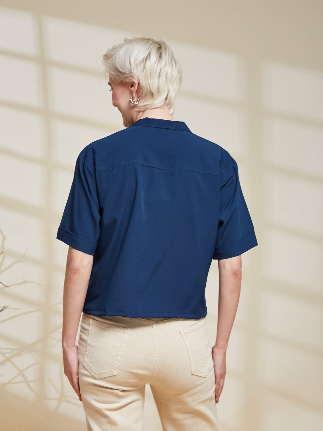 Navy Blue Crepe Embroidered Regular Fit Shirt for Women | backside view