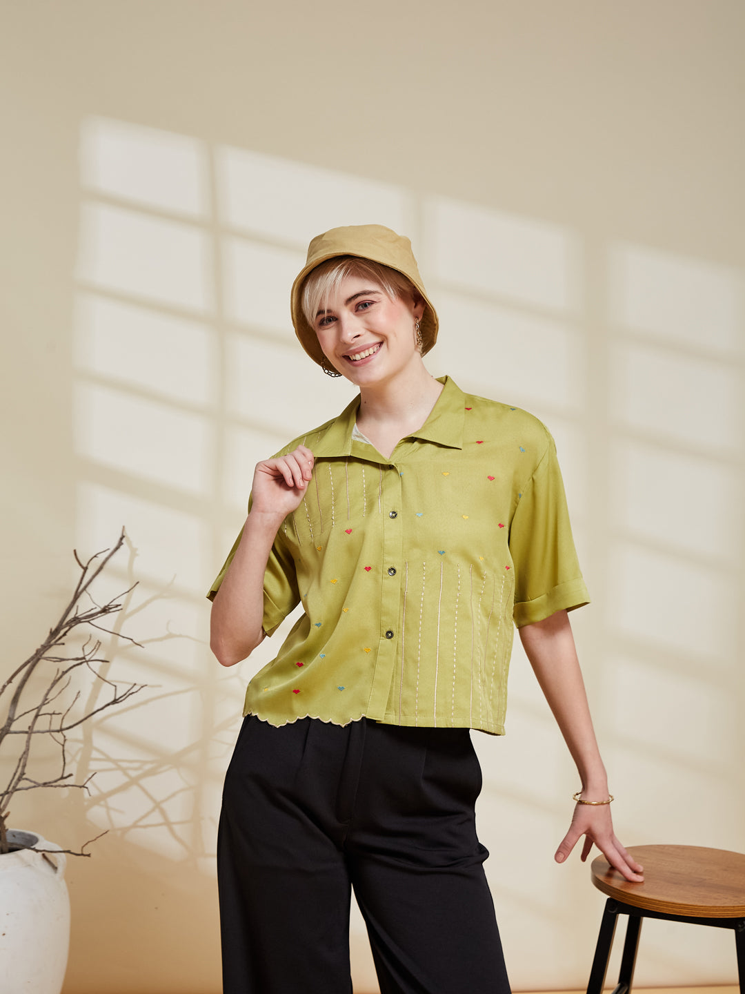 Neon Crepe Embroidered Regular Fit Shirt for Women