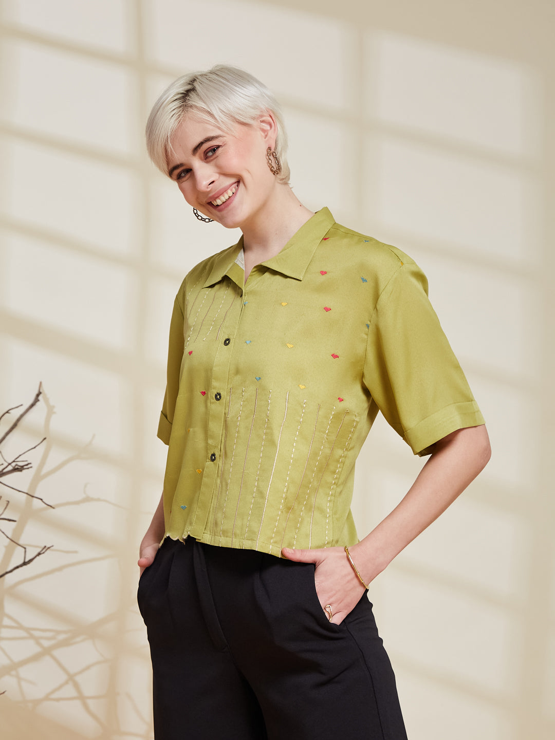 Neon Crepe Embroidered Regular Fit Shirt for Women