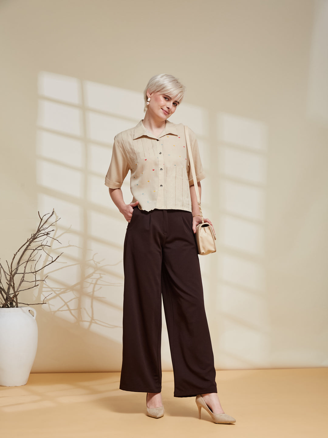 Cream Crepe Embroidered Regular Fit Shirt for Women | frontside full view