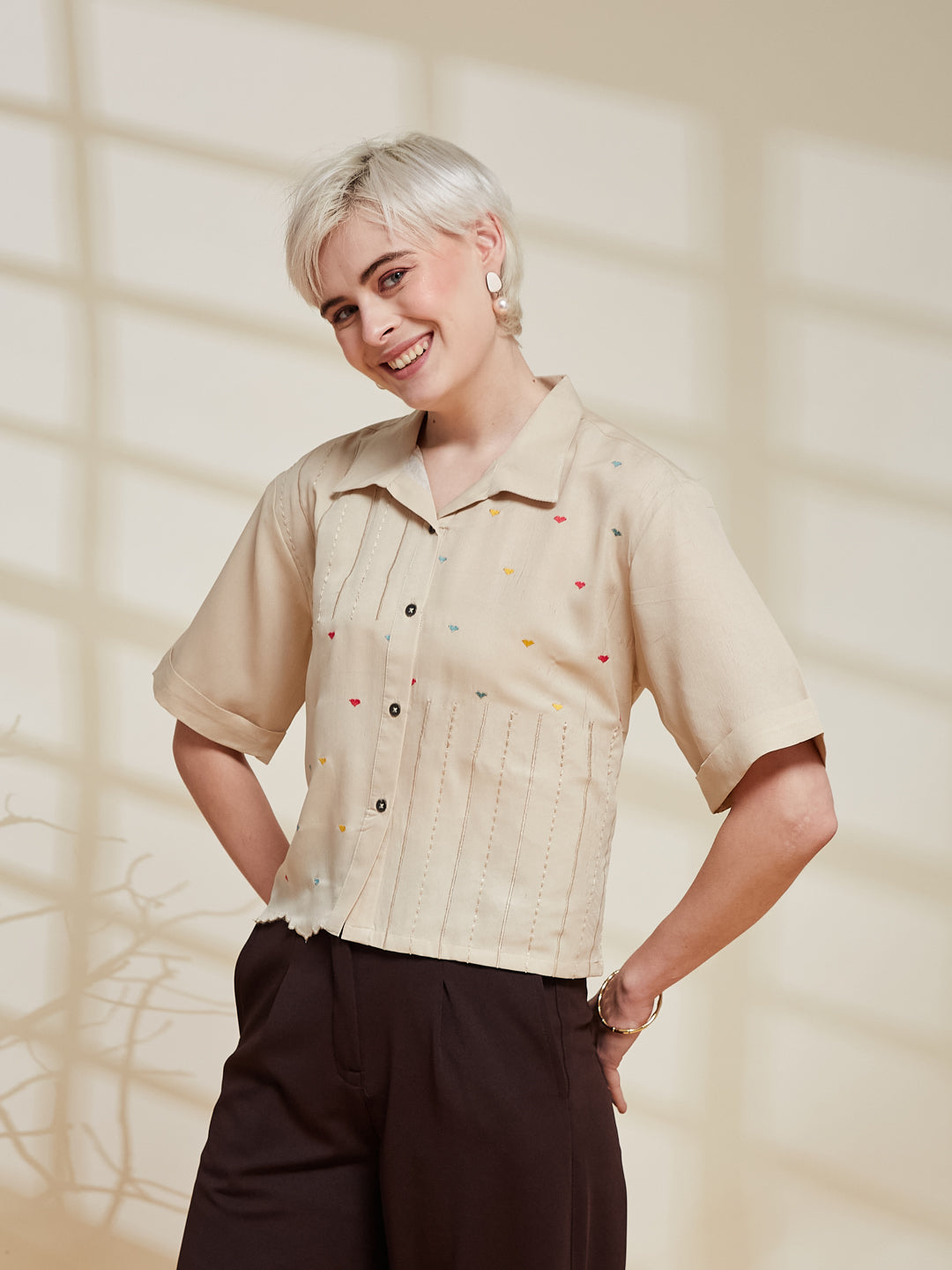 Cream Crepe Embroidered Regular Fit Shirt for Women