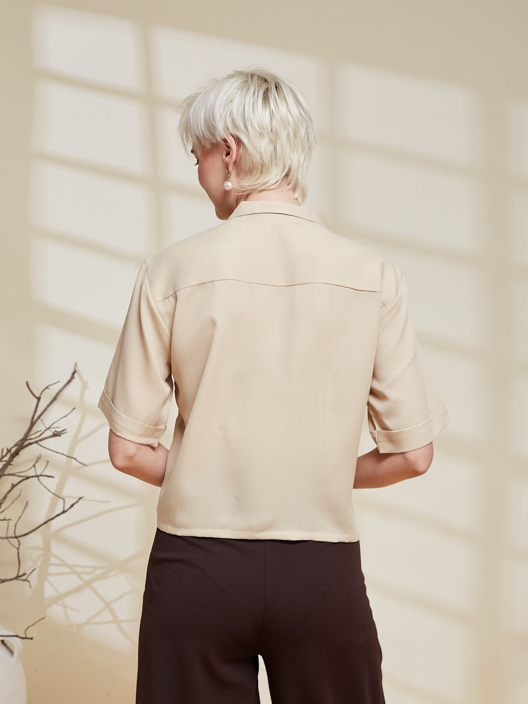 Cream Crepe Embroidered Regular Fit Shirt for Women | backside view