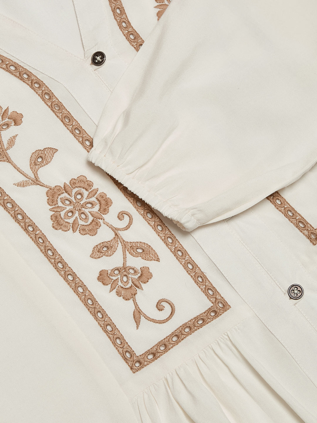 Off White Rayon Embroidered Regular Fit Shirt for Women