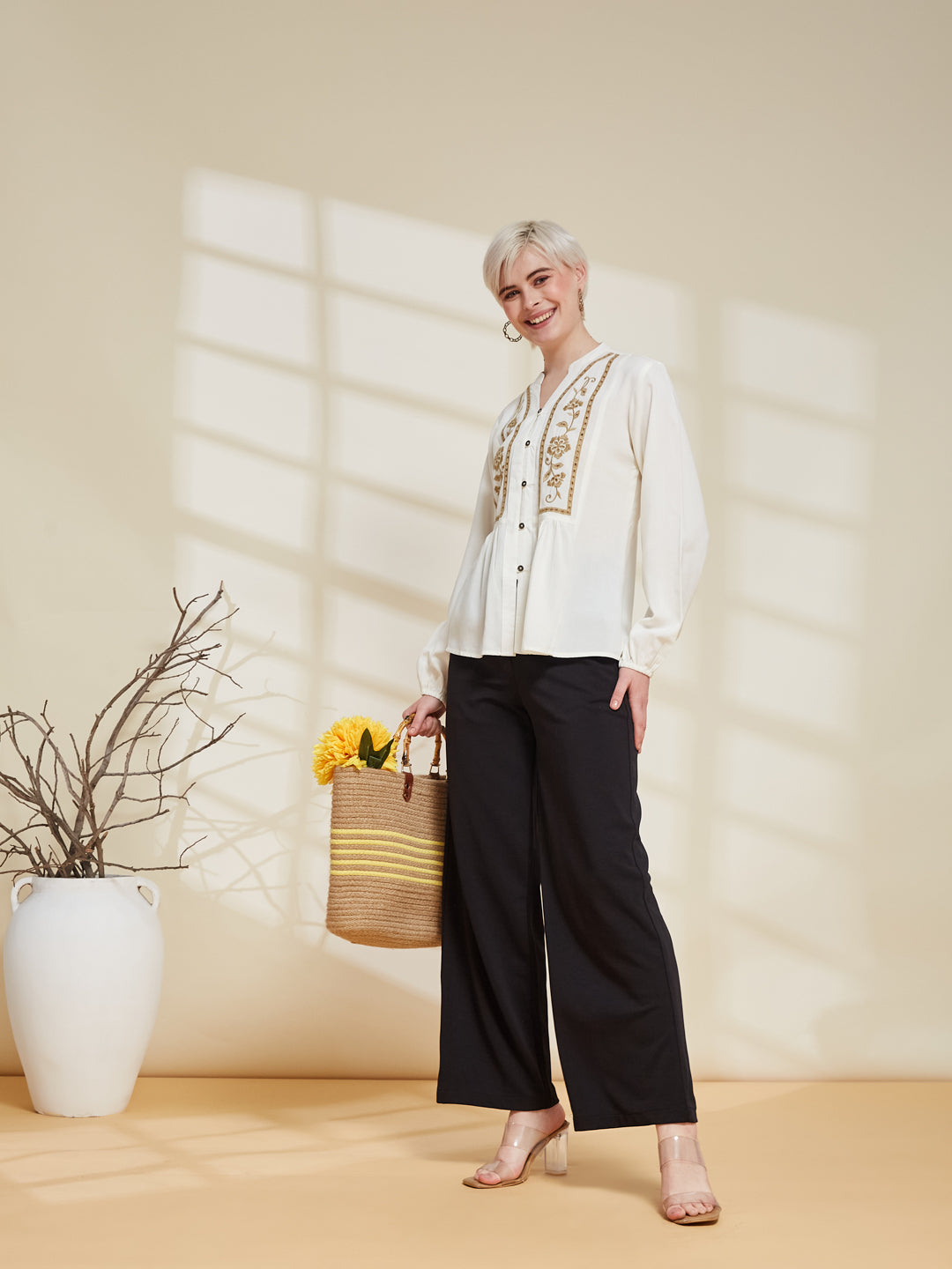 Off White Rayon Embroidered Regular Fit Shirt for Women