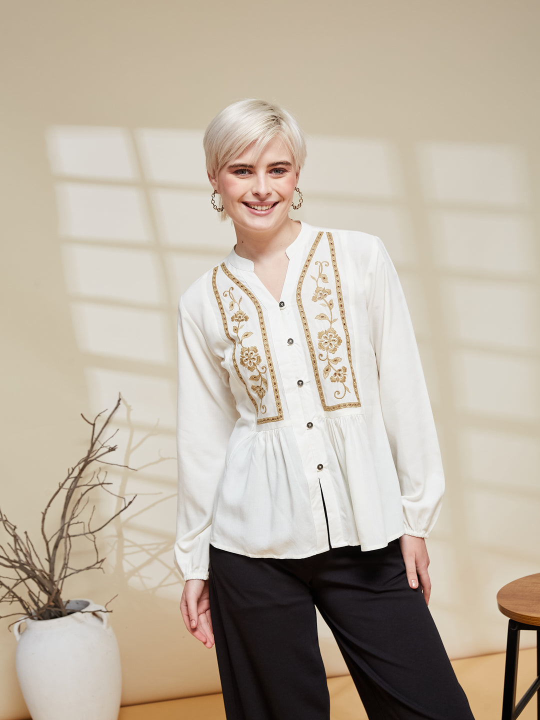 Off White Rayon Embroidered Regular Fit Shirt for Women
