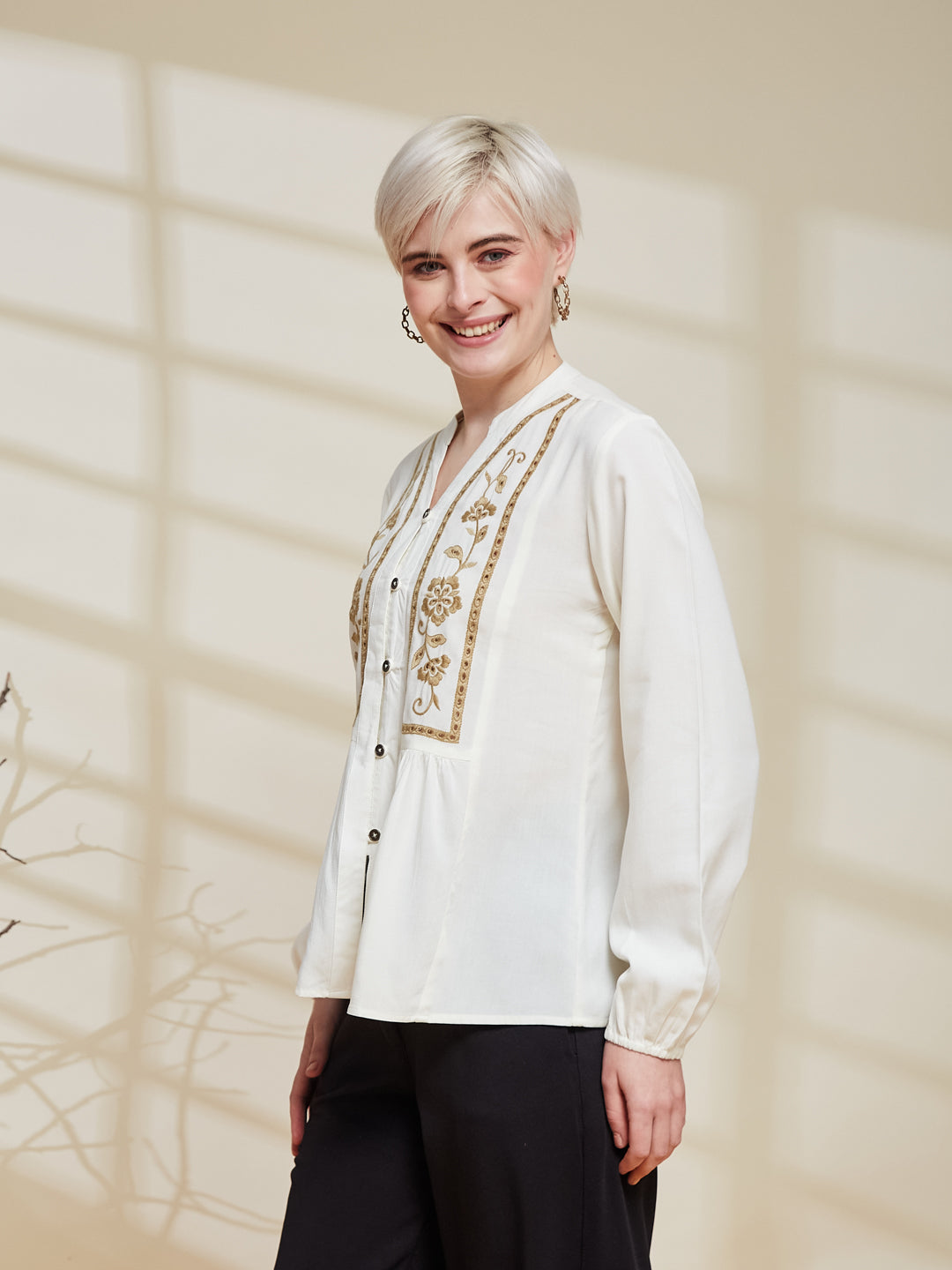 Off White Rayon Embroidered Regular Fit Shirt for Women