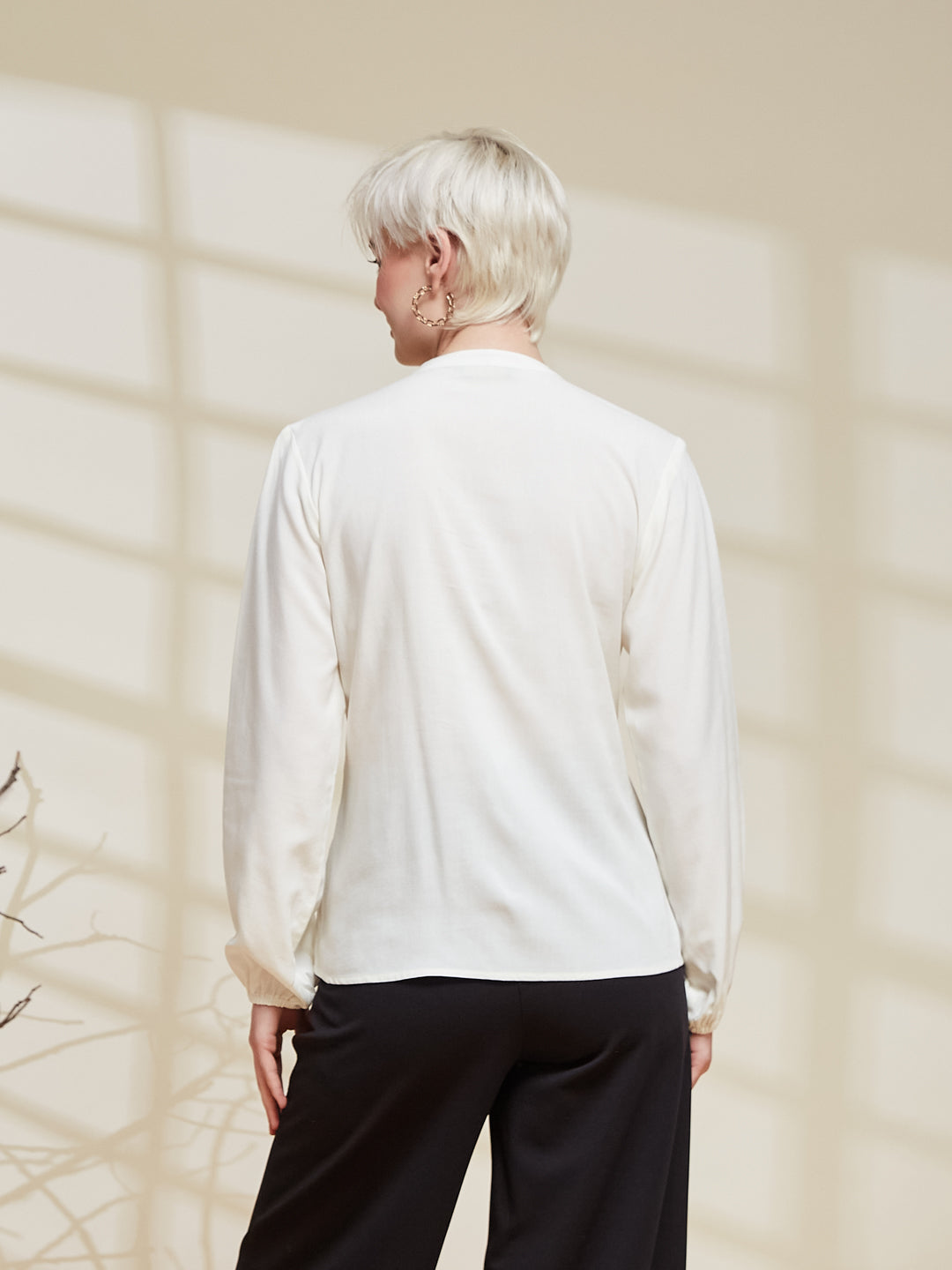 Off White Rayon Embroidered Regular Fit Shirt for Women