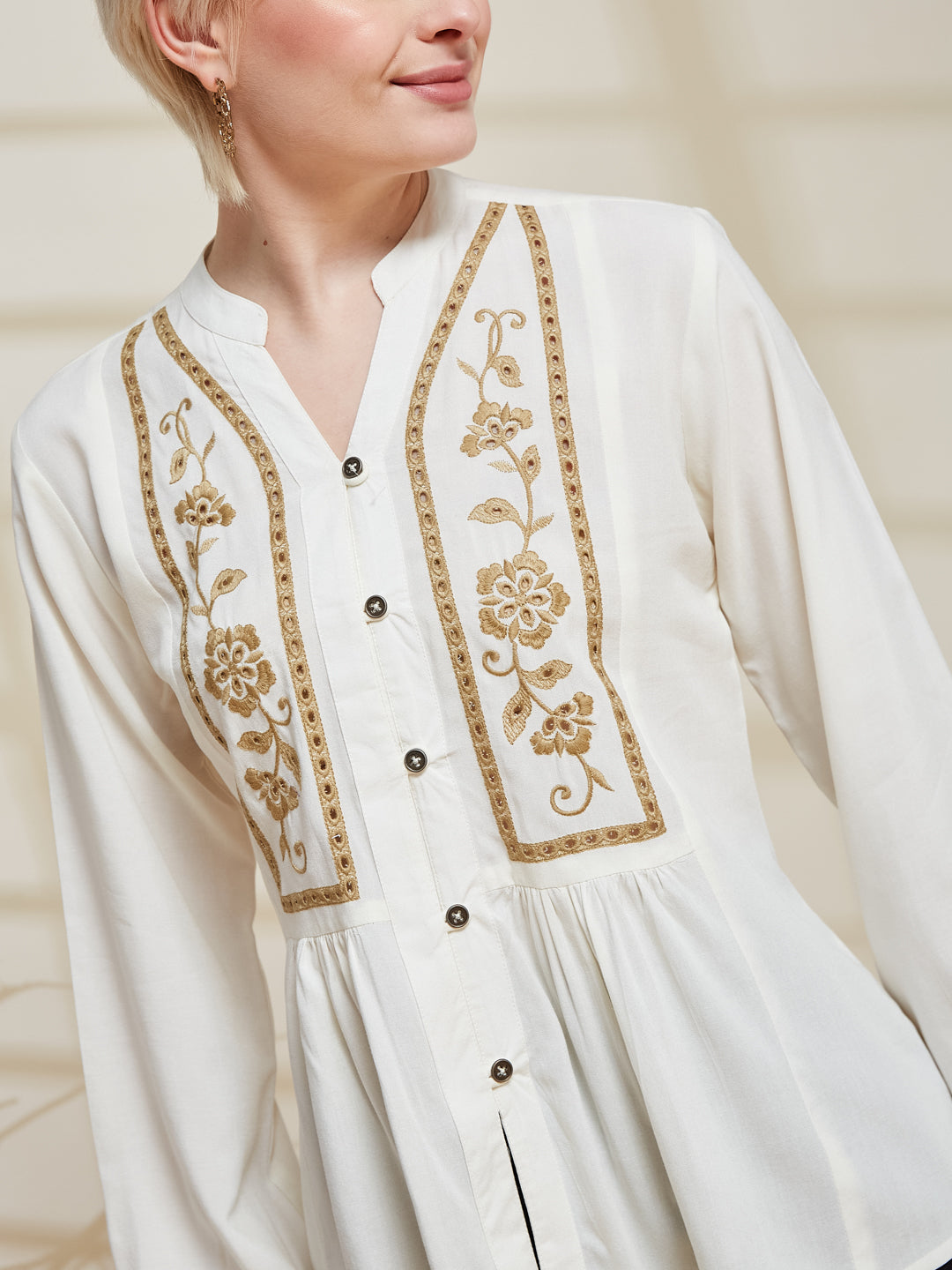 Off White Rayon Embroidered Regular Fit Shirt for Women