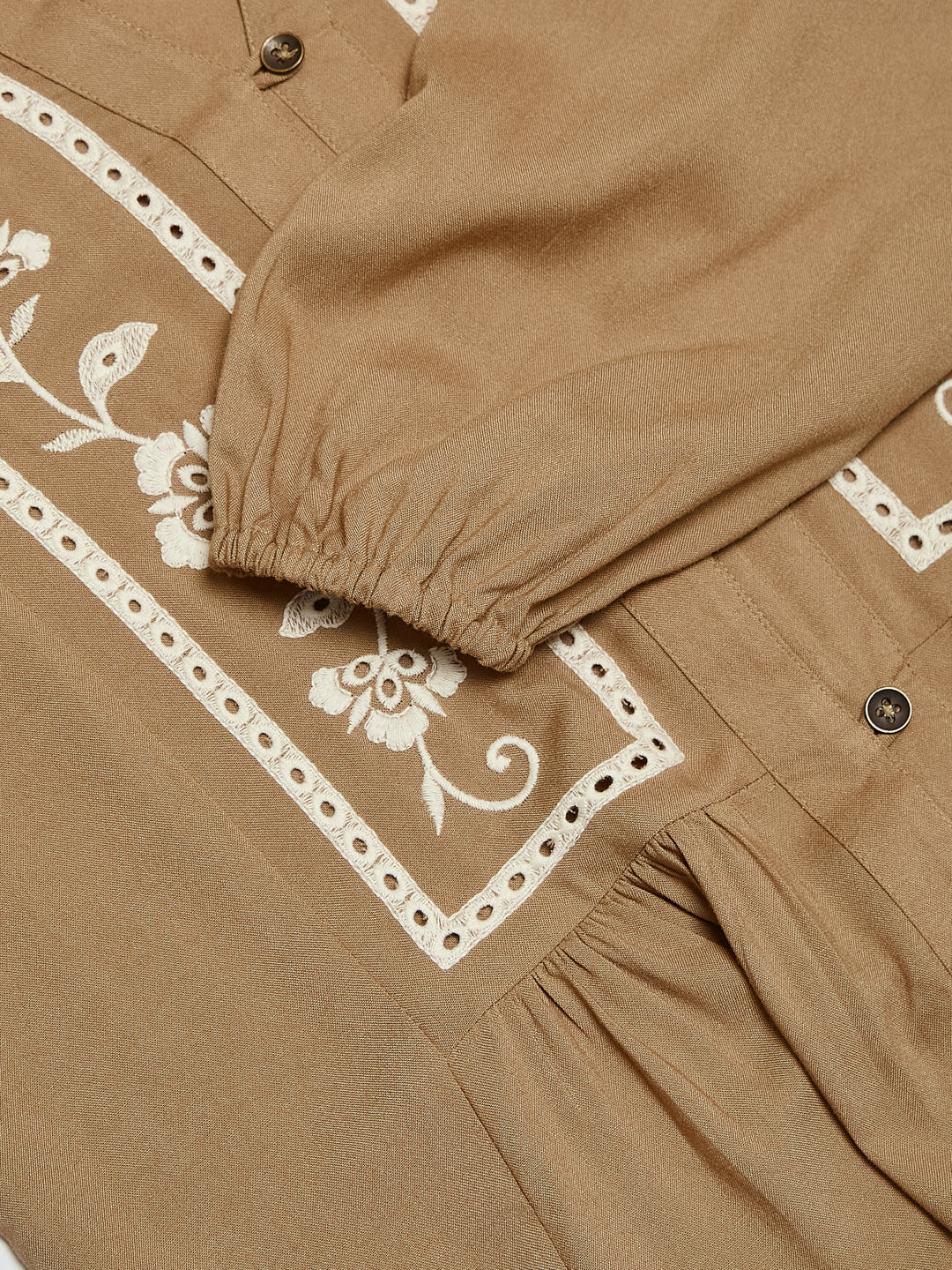 Beige Rayon Embroidered Regular Fit Shirt for Women | slevee design