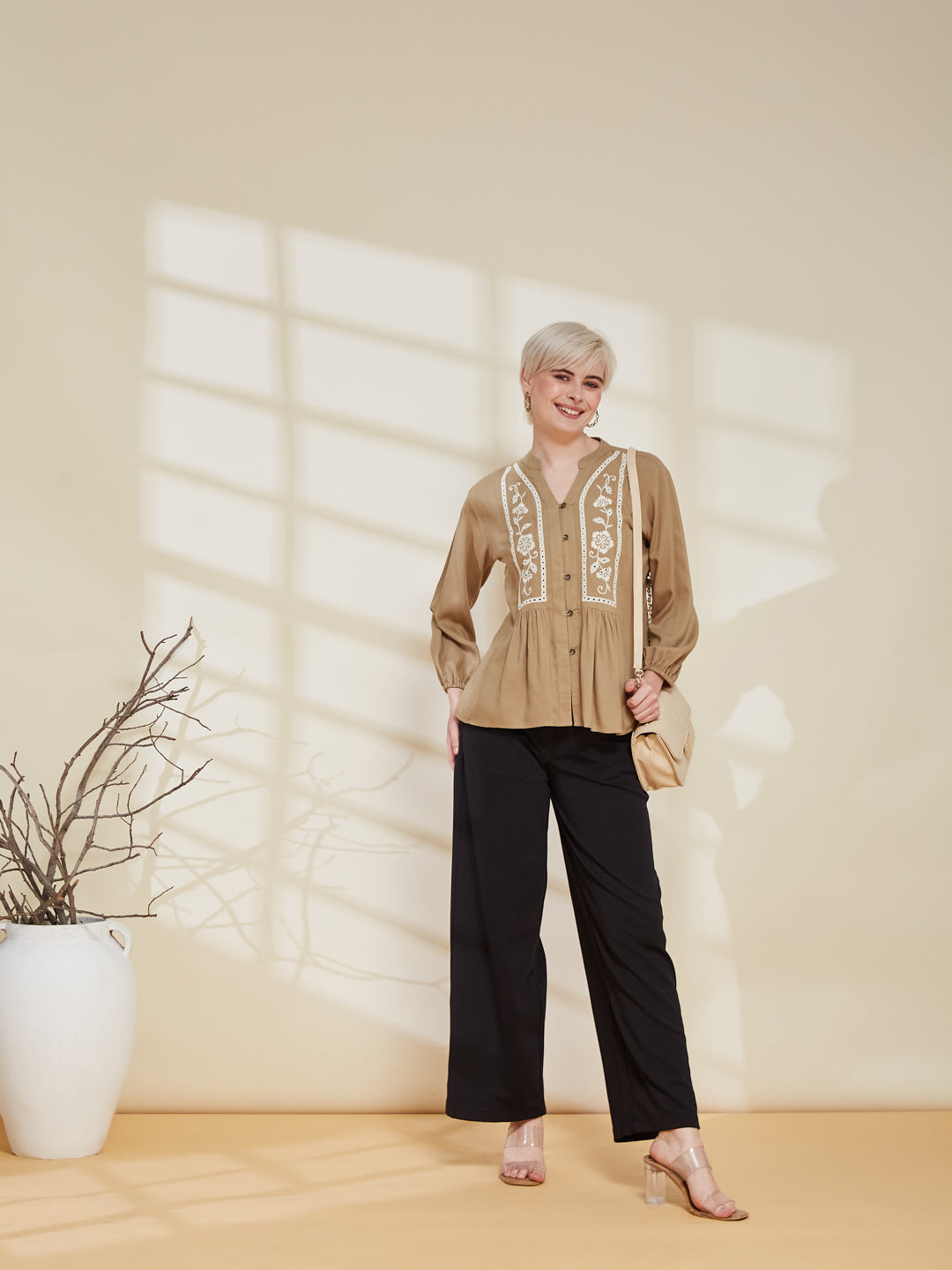 Beige Rayon Embroidered Regular Fit Shirt for Women | full view