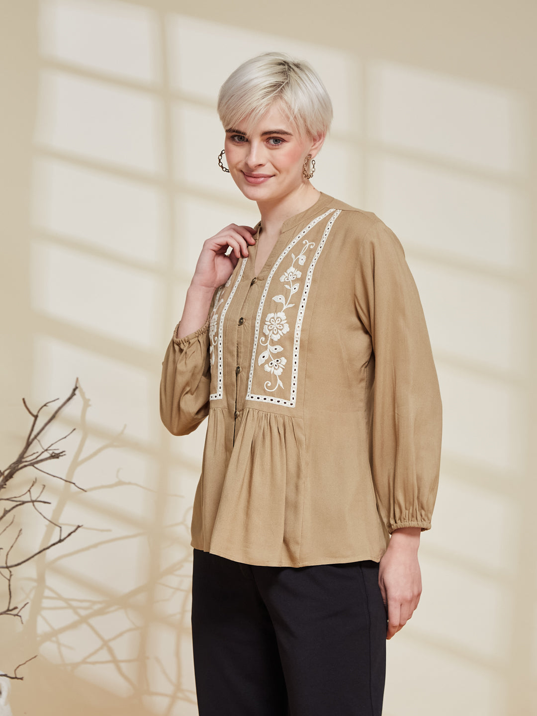 Beige Rayon Embroidered Regular Fit Shirt for Women | leftside view