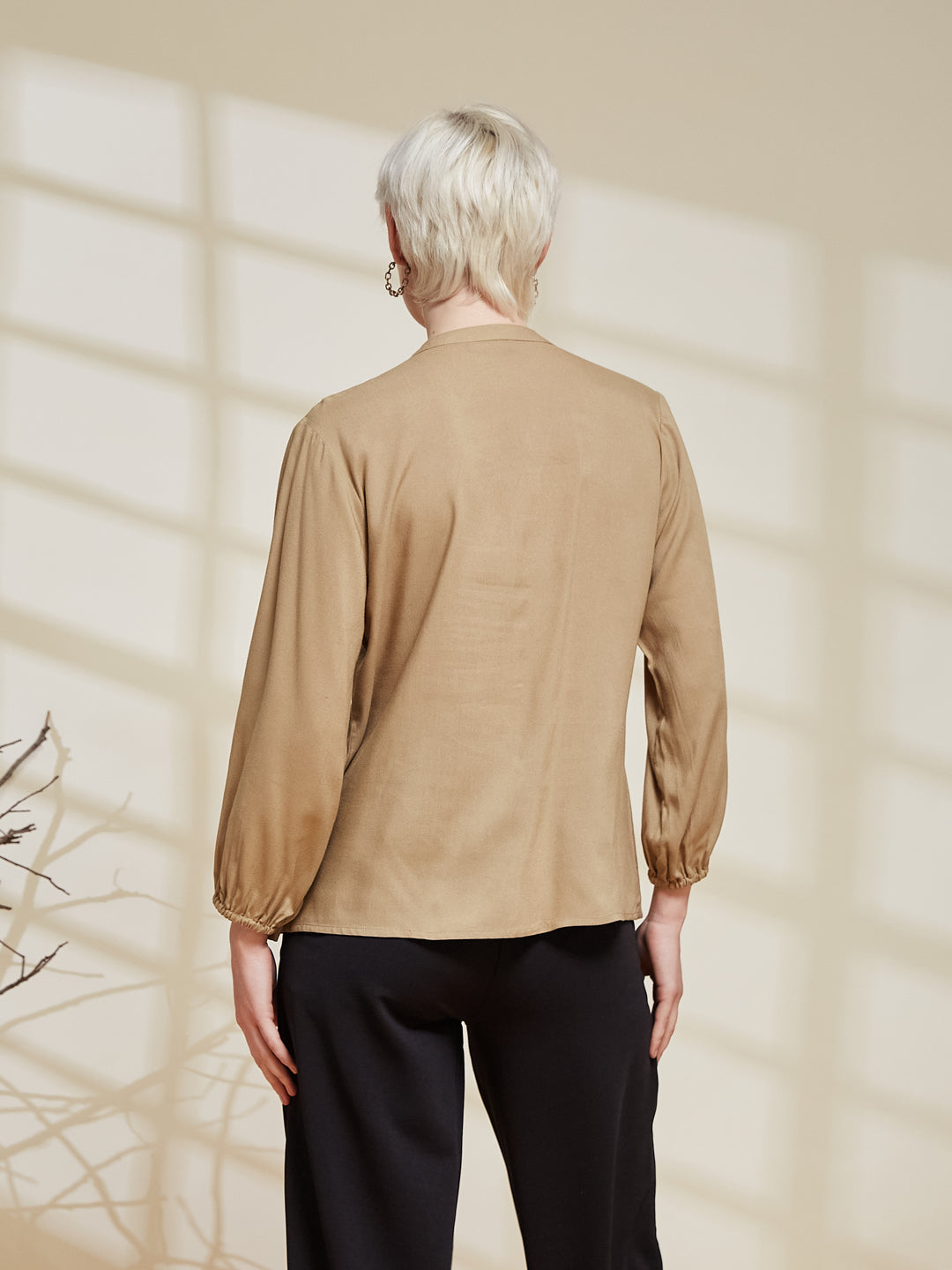 Beige Rayon Embroidered Regular Fit Shirt for Women | backside view