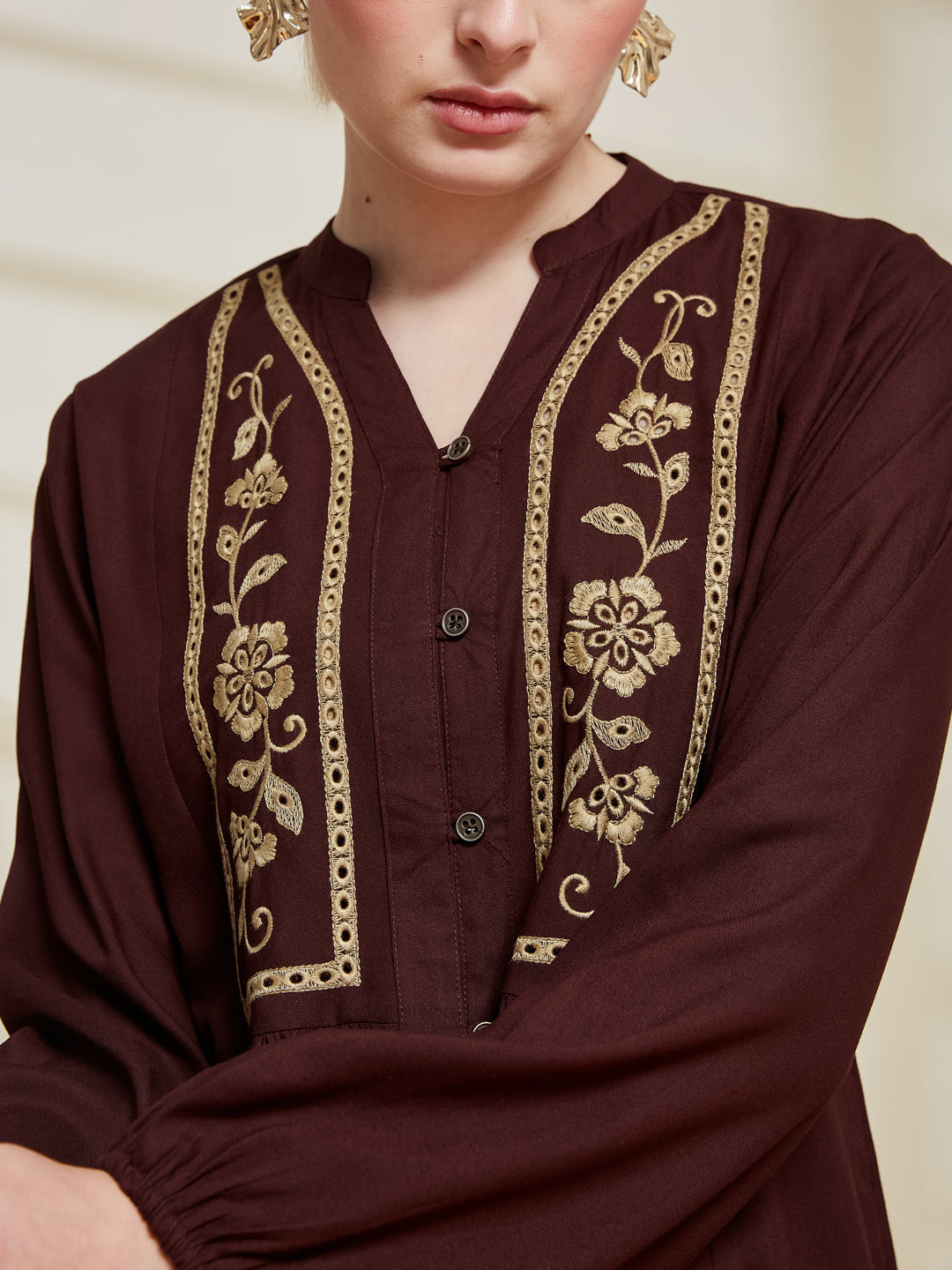 Coffee Rayon Embroidered Regular Fit Shirt for Women | neckside design view