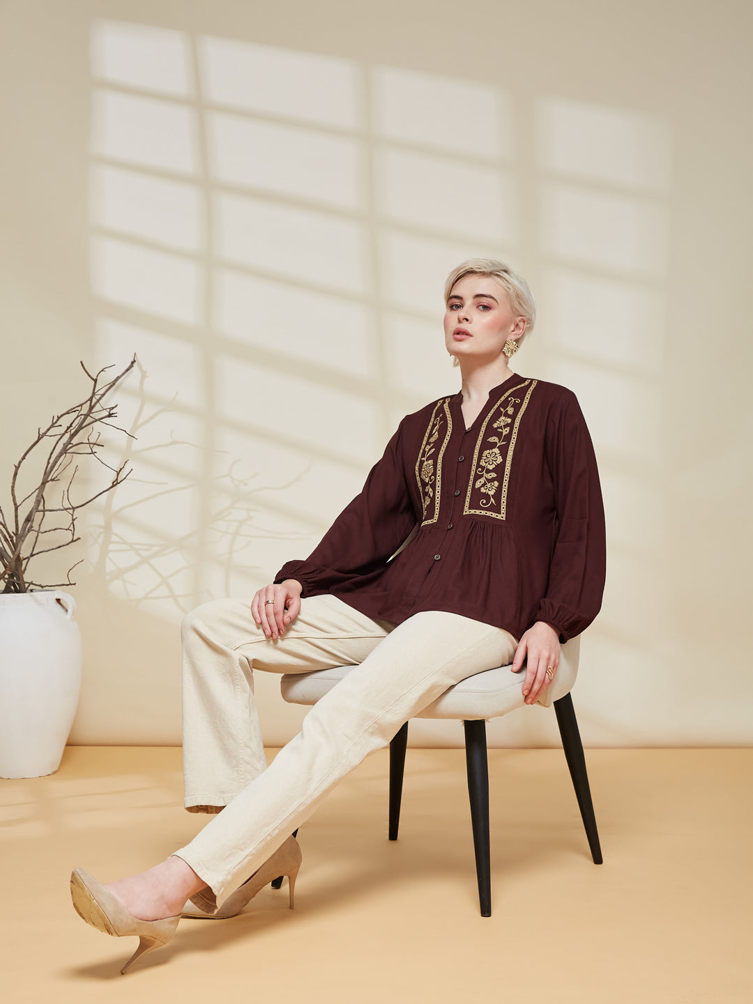 Coffee Rayon Embroidered Regular Fit Shirt for Women | half view