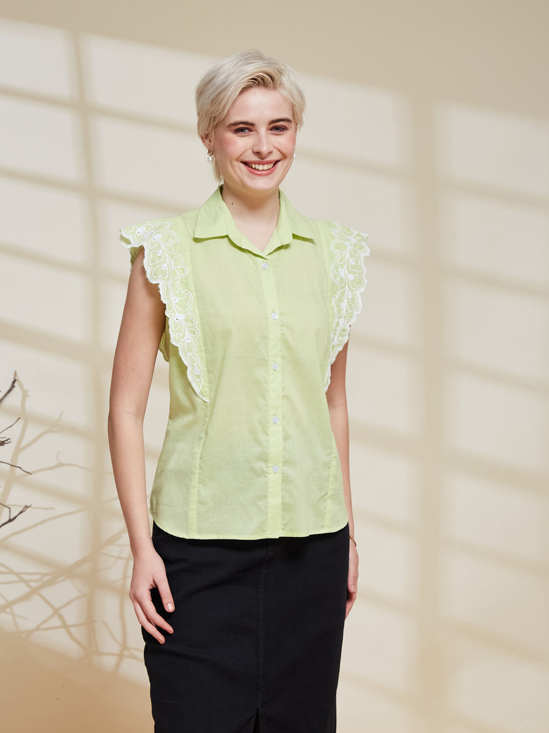 Neon Cotton Embroidered Regular Fit Shirt for Women