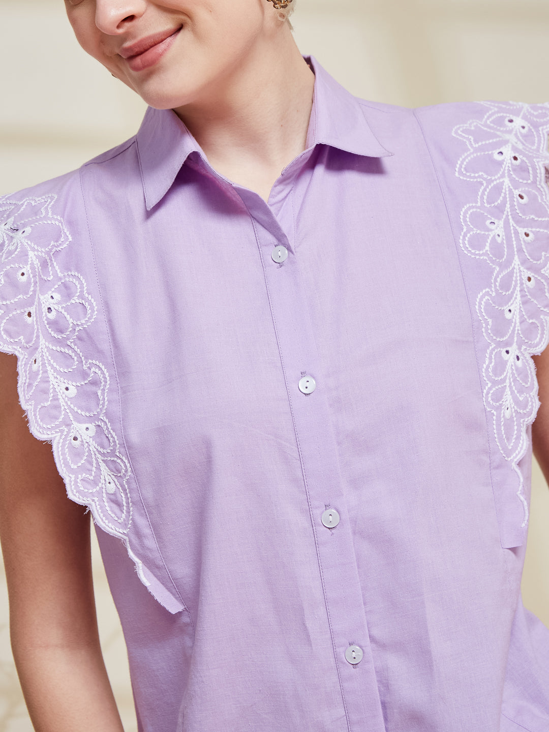 Lavender Cotton Embroidered Regular Fit Shirt for Women