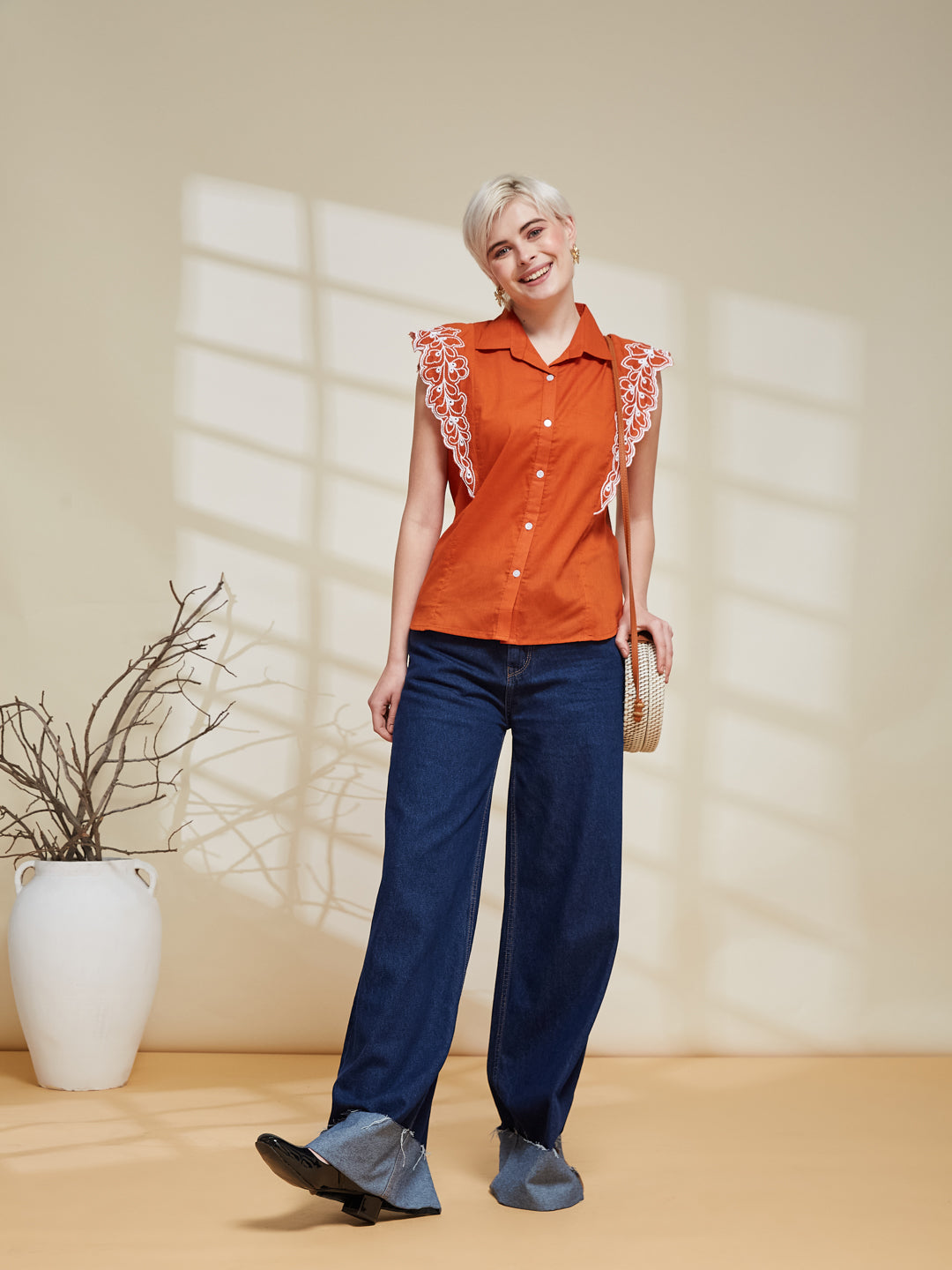 Orange Cotton Embroidered Regular Fit Shirt for Women | frontside shirts & bottom view