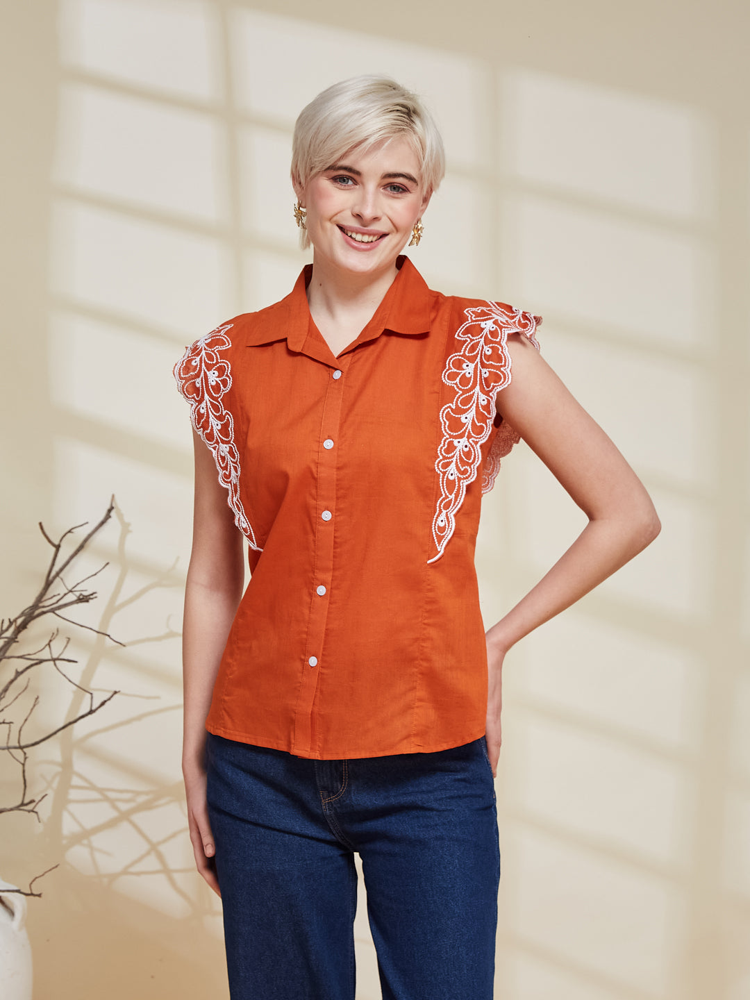 Orange Cotton Embroidered Regular Fit Shirt for Women