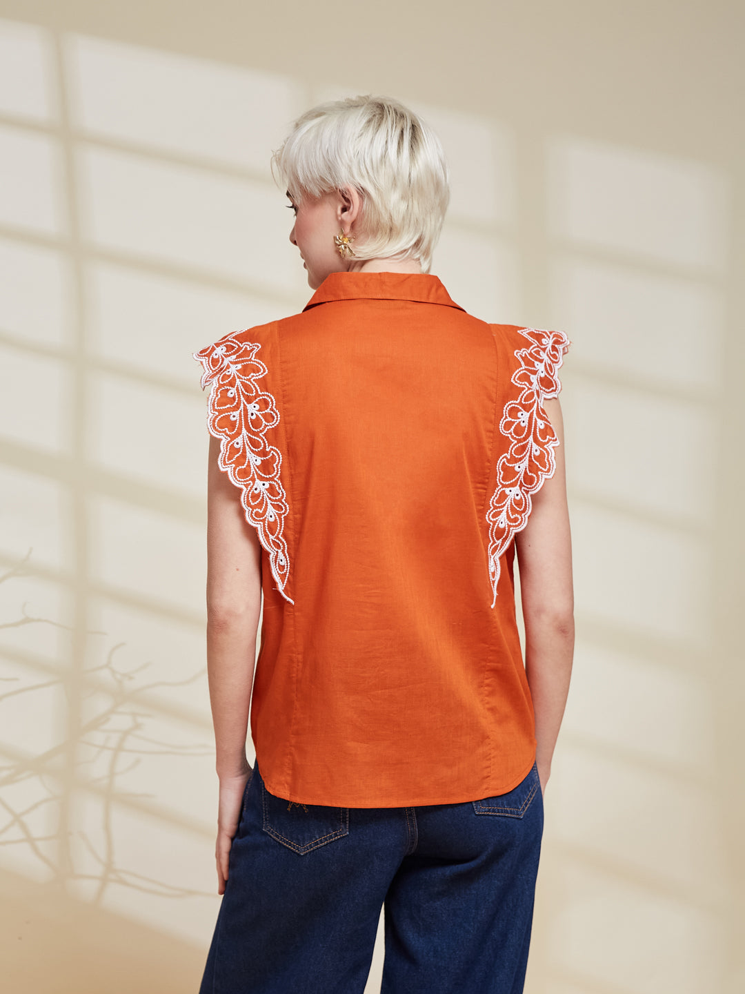 Orange Cotton Embroidered Regular Fit Shirt for Women | backside view