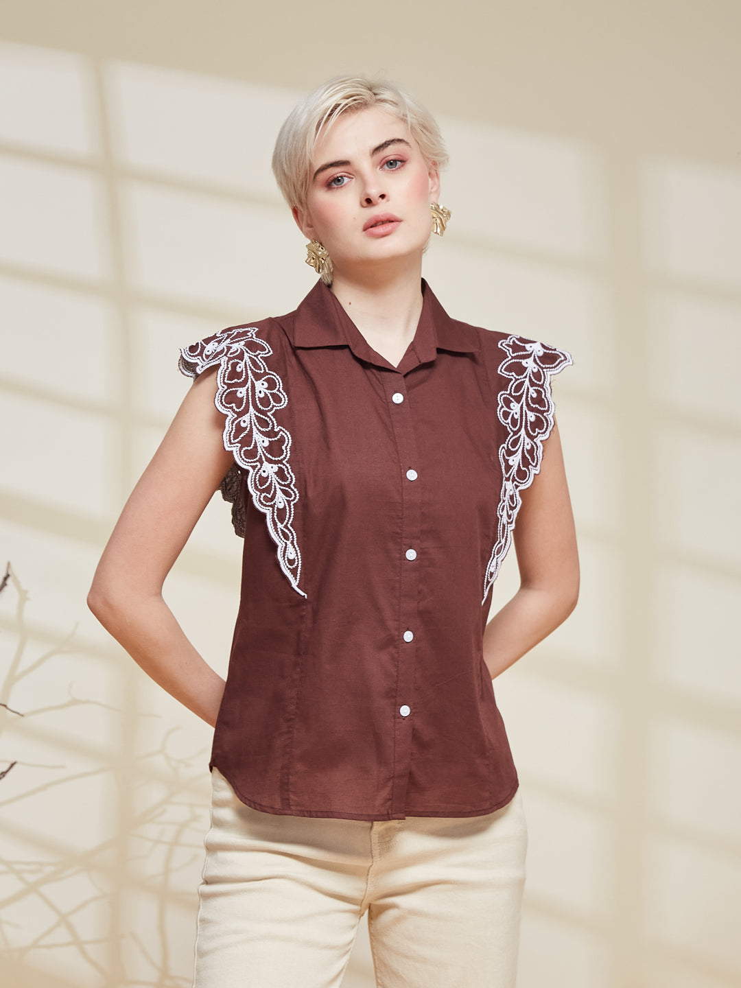Coffee Cotton Embroidered Regular Fit Shirt for Women | frontside view