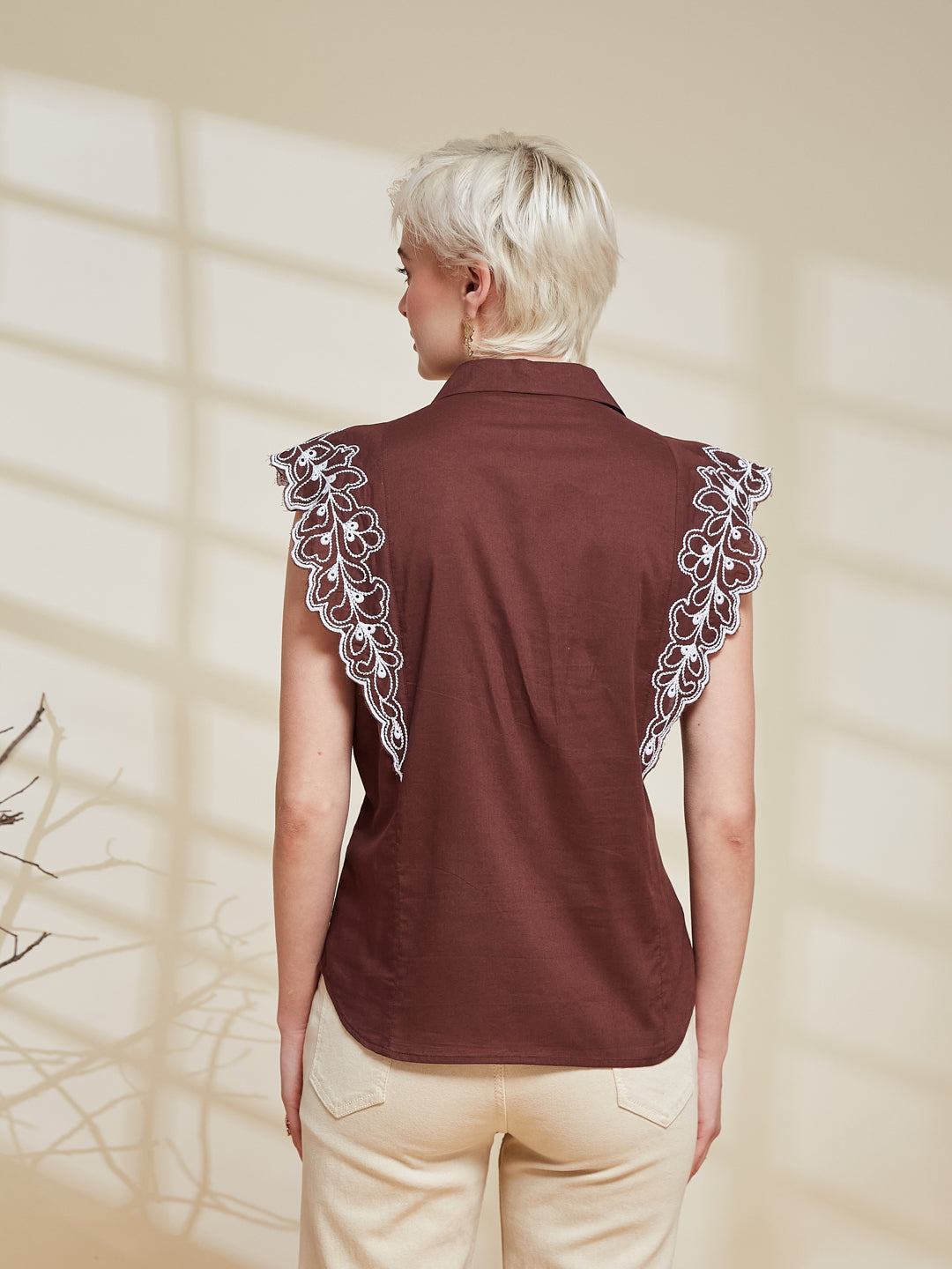 Coffee Cotton Embroidered Regular Fit Shirt for Women | backside view