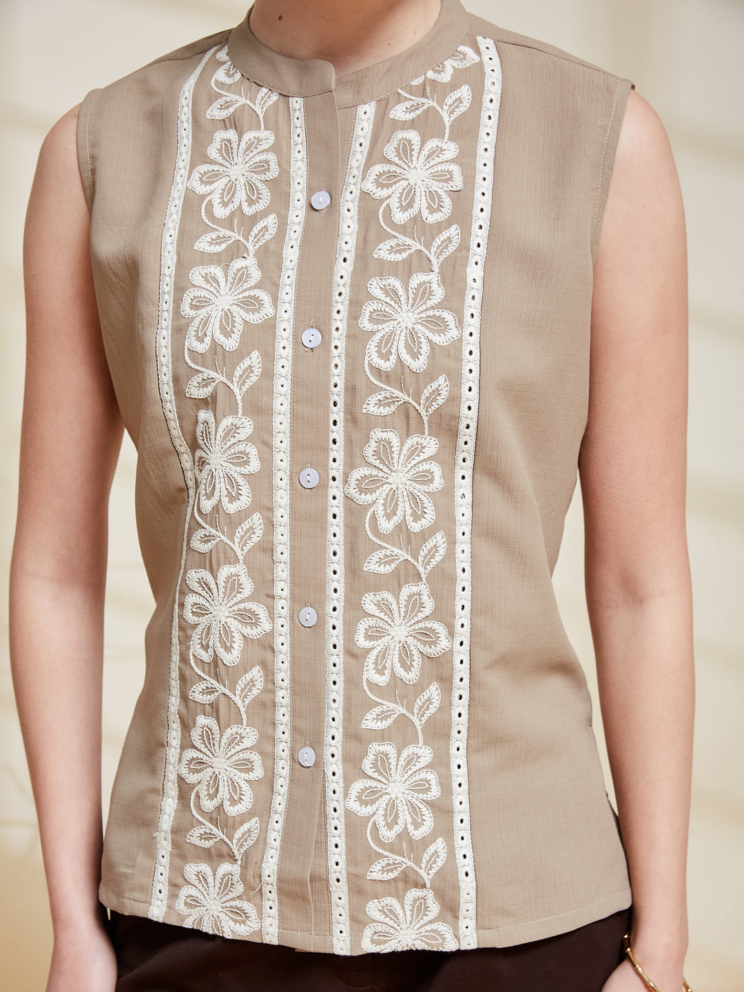 Beige Viscose Embroidered Regular Fit Shirt for Women