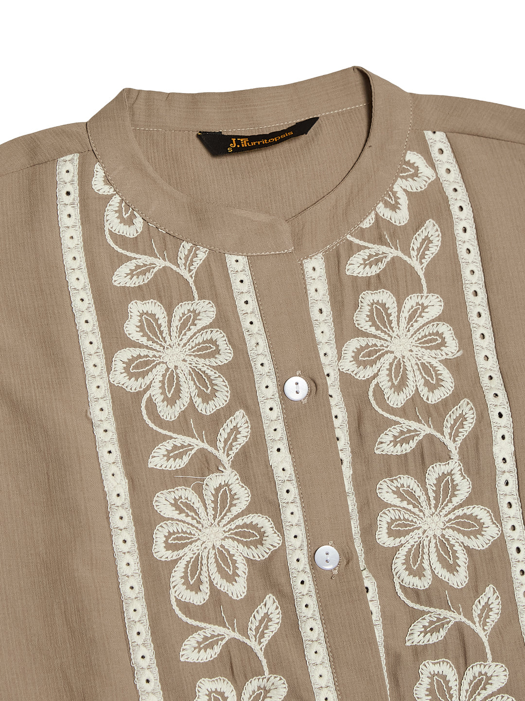 Beige Viscose Embroidered Regular Fit Shirt for Women | neckside view
