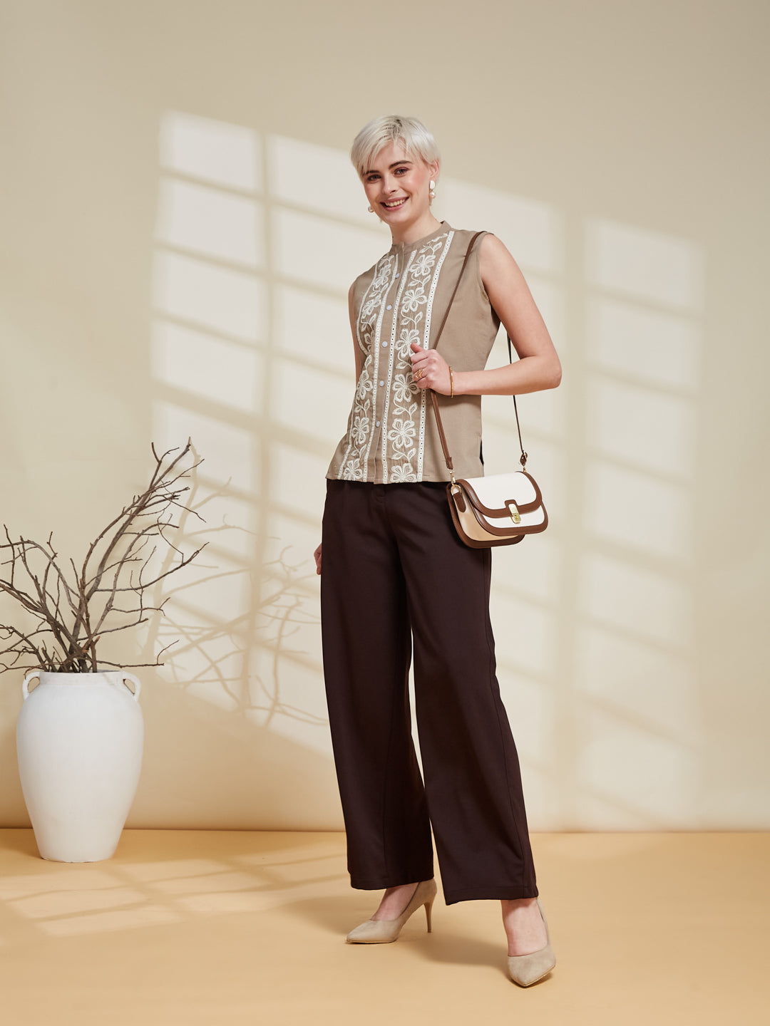 Beige Viscose Embroidered Regular Fit Shirt for Women | one side view