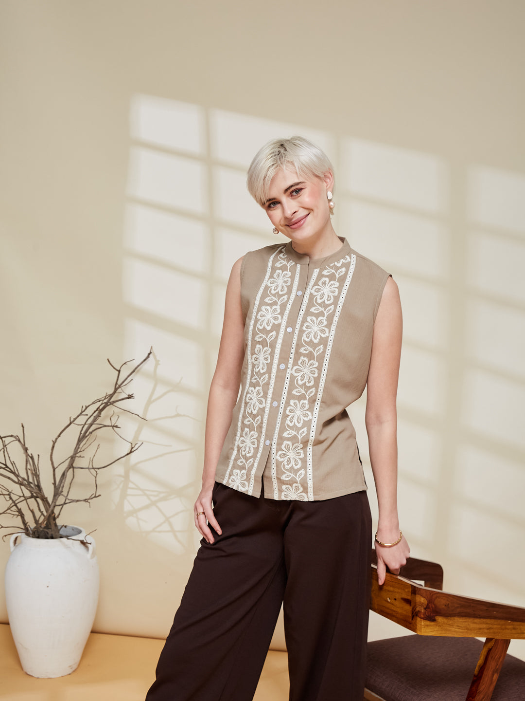 Beige Viscose Embroidered Regular Fit Shirt for Women | front side full view