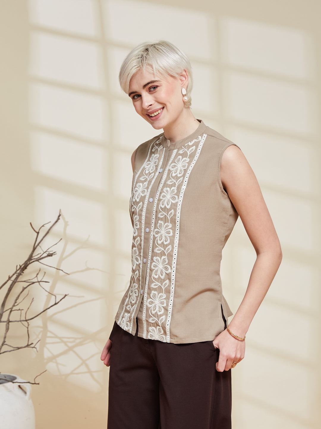 Beige Viscose Embroidered Regular Fit Shirt for Women | leftside view