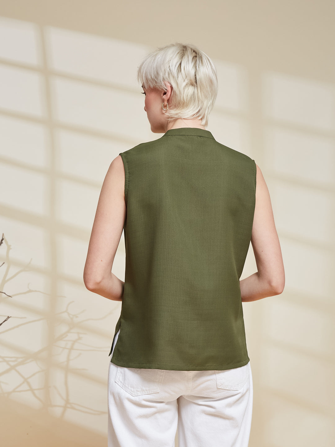 Olive Viscose Embroidered Regular Fit Shirt for Women | backside view