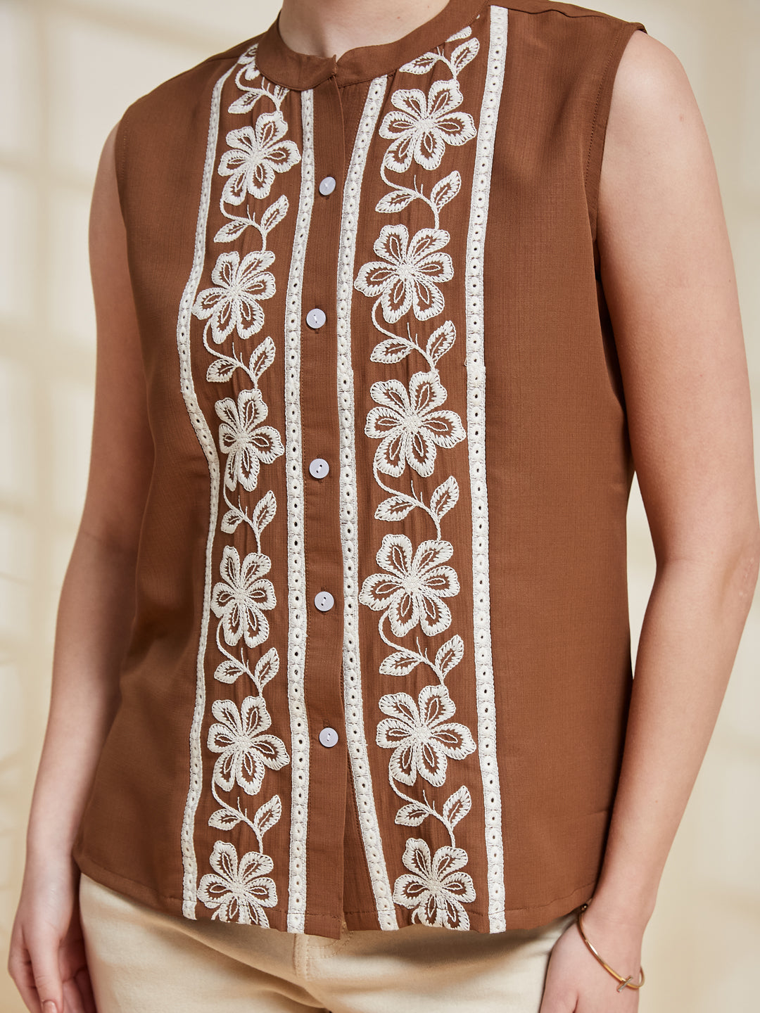 Caramel Viscose Embroidered Regular Fit Shirt for Women | embroidary design