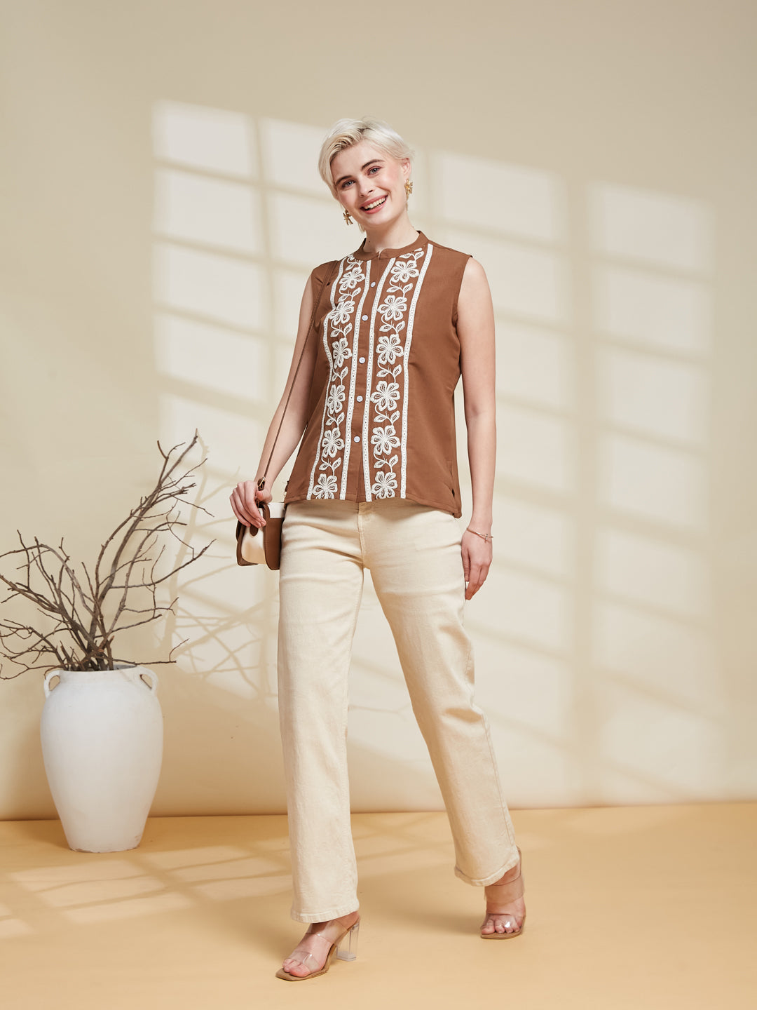 Caramel Viscose Embroidered Regular Fit Shirt for Women | front side full view