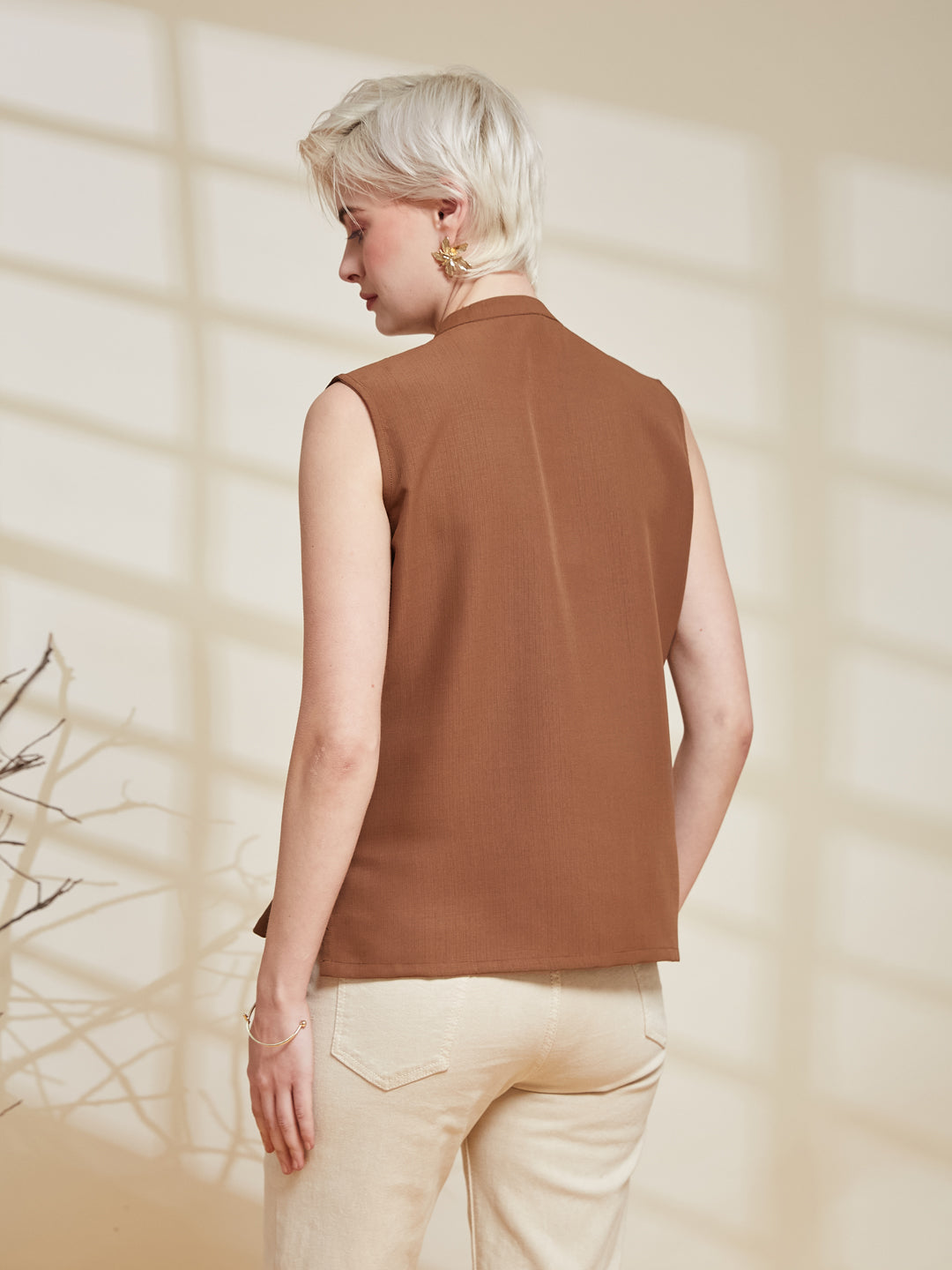 Caramel Viscose Embroidered Regular Fit Shirt for Women | backside view