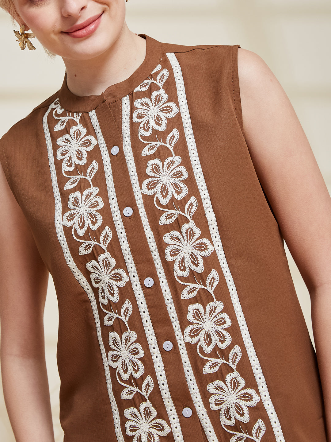 Caramel Viscose Embroidered Regular Fit Shirt for Women| mbroidered design