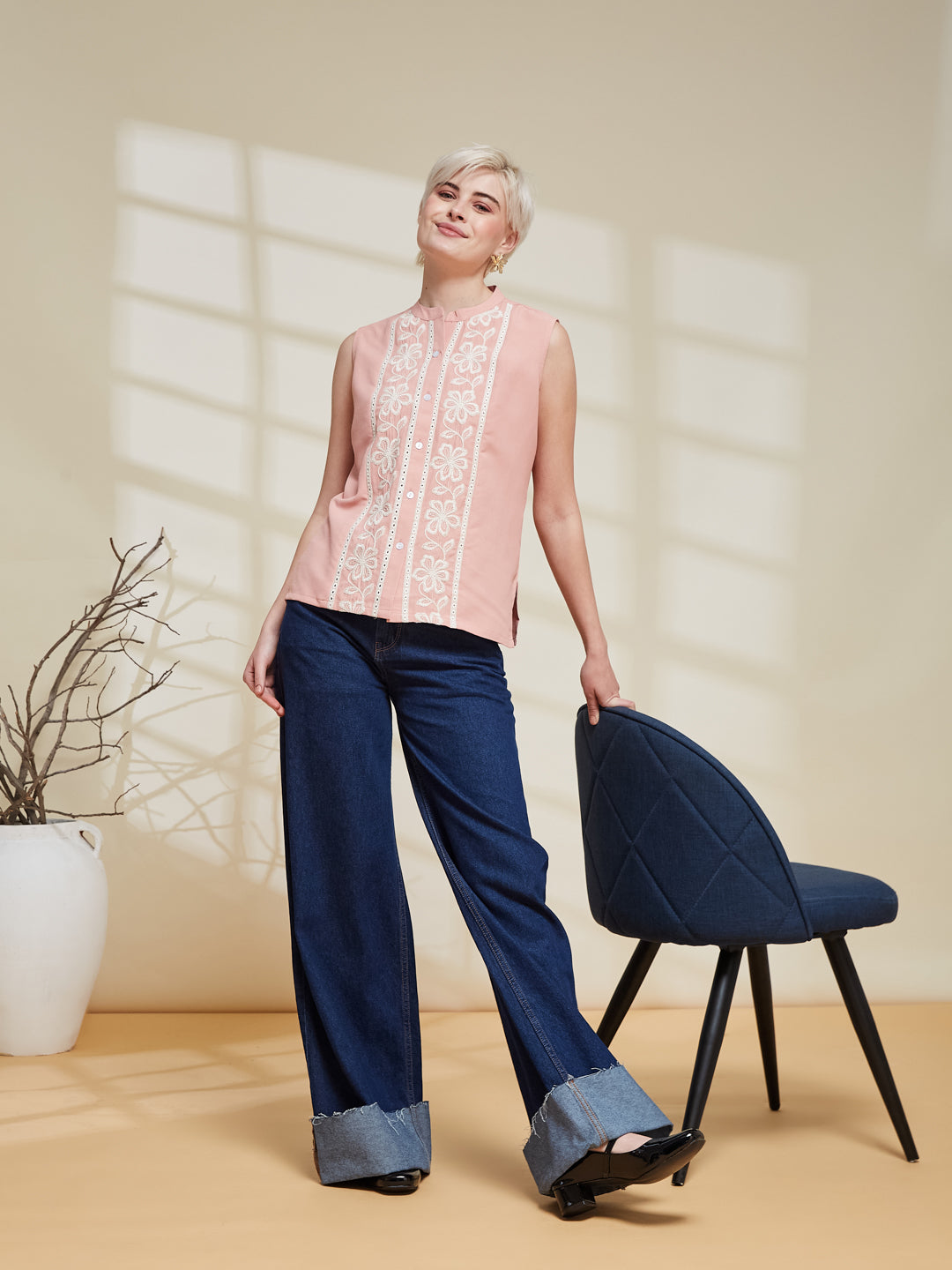 Pink Viscose Embroidered Regular Fit Shirt for Women | front side full view