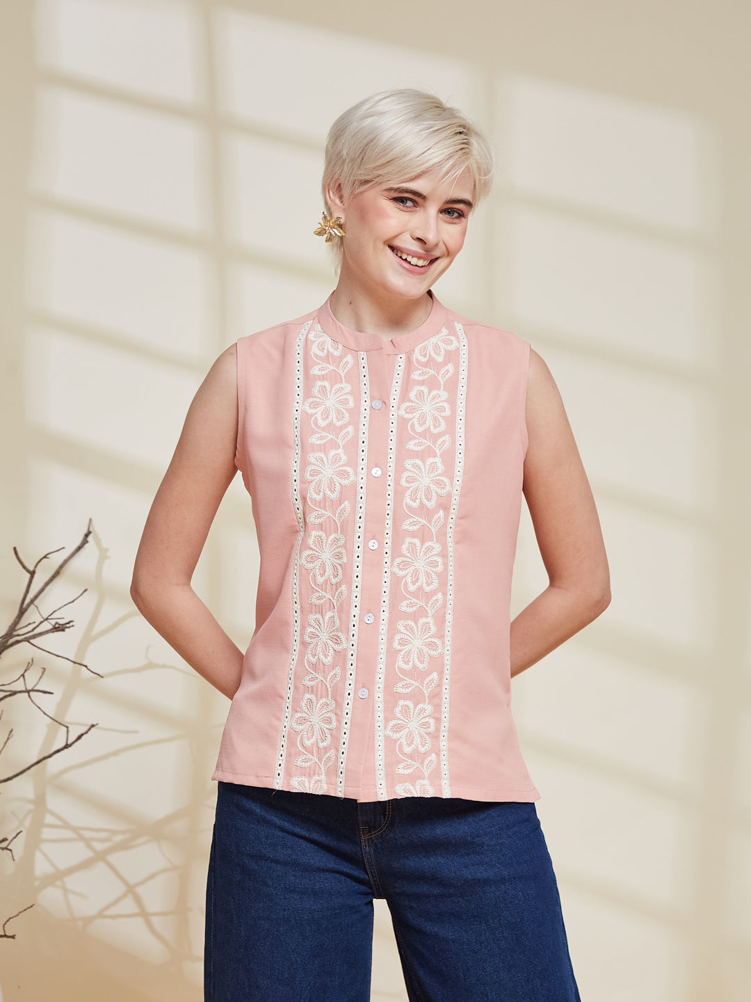 Pink Viscose Embroidered Regular Fit Shirt for Women | front side view