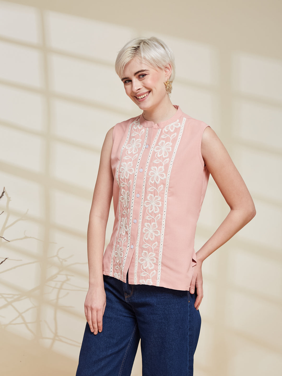 Pink Viscose Embroidered Regular Fit Shirt for Women | front side half view