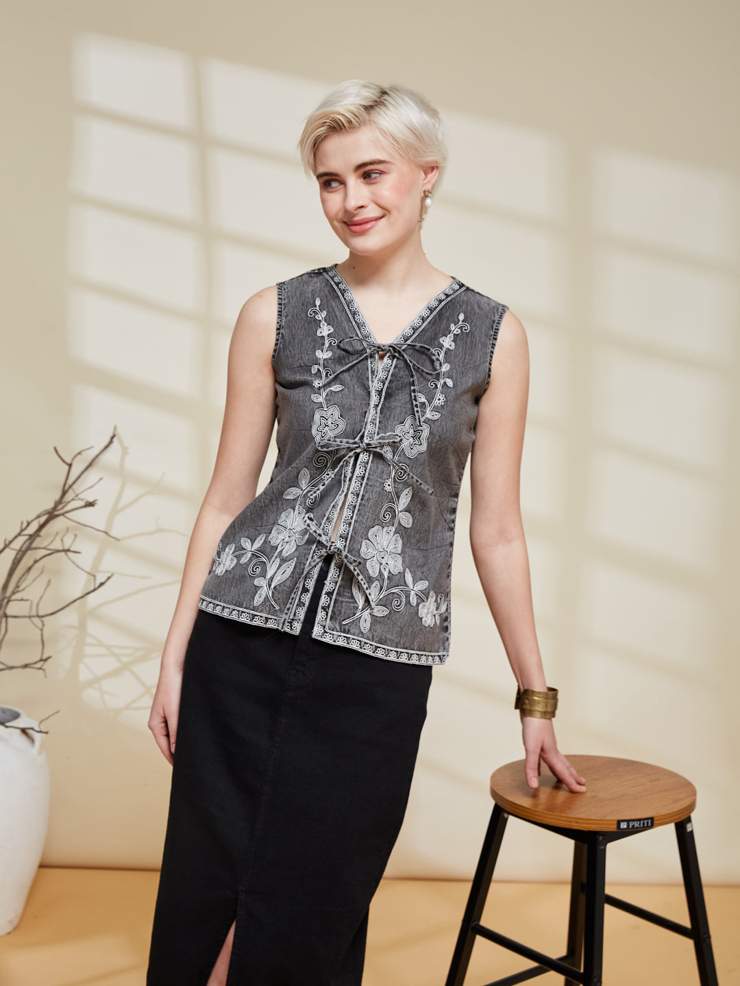 Charcoal Denim Embroidered Shirt for Women | frontside view