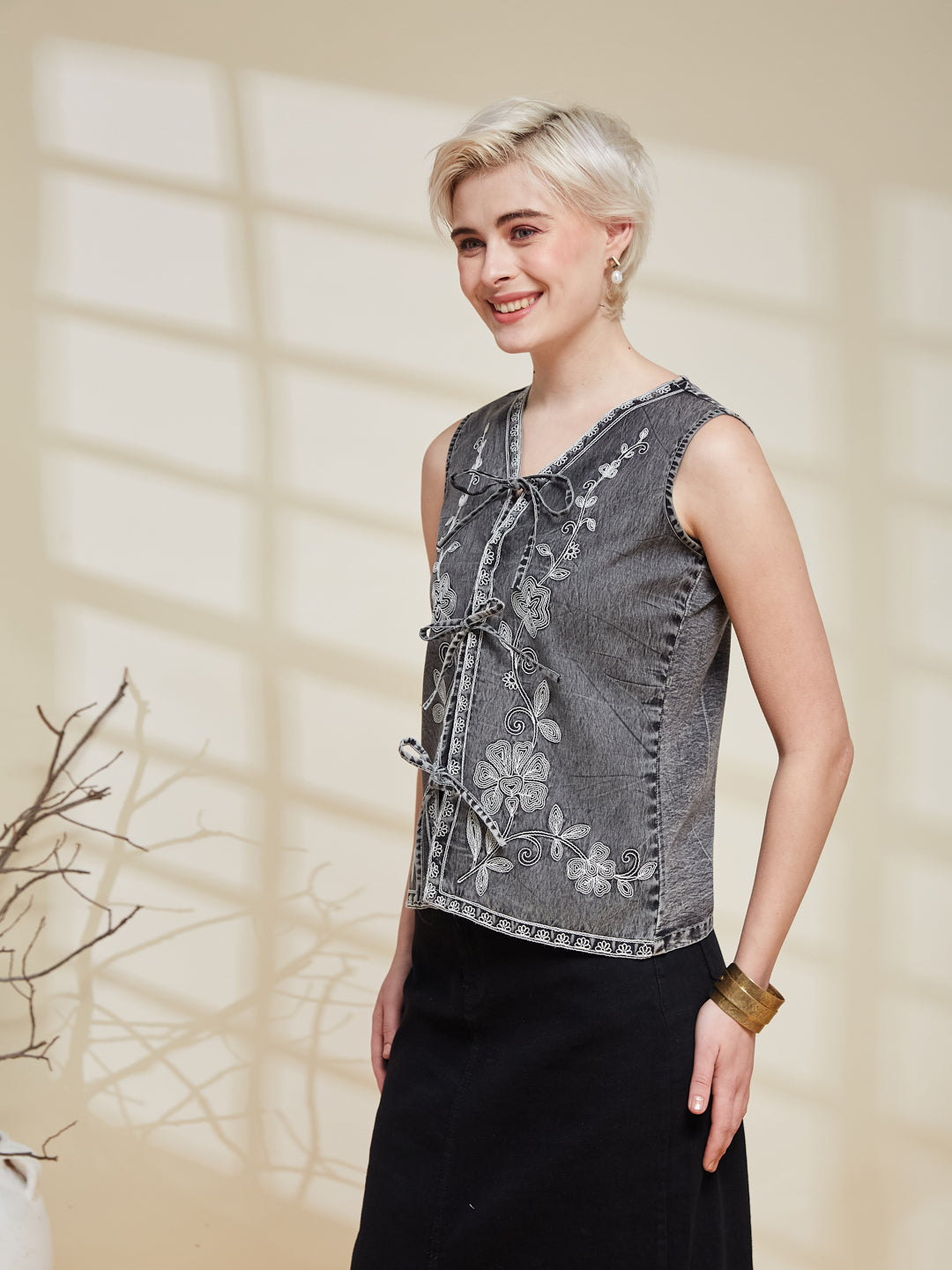 Charcoal Denim Embroidered Shirt for Women | leftside view