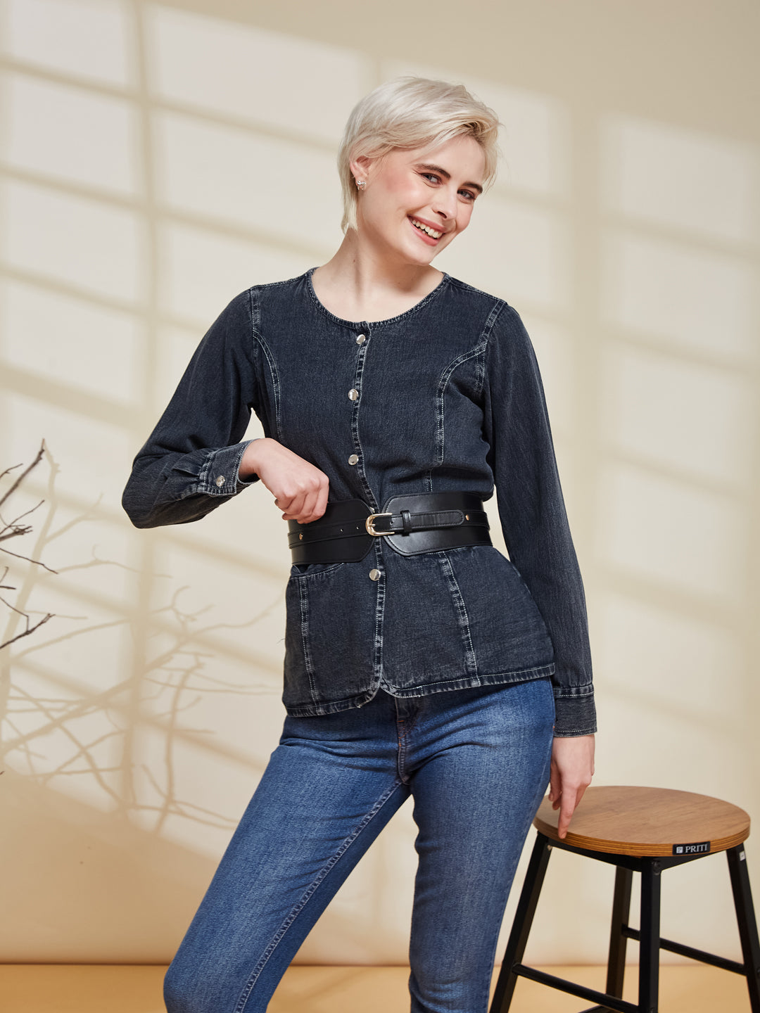 Charcoal Denim Button-Down Stylish Shirt for Women