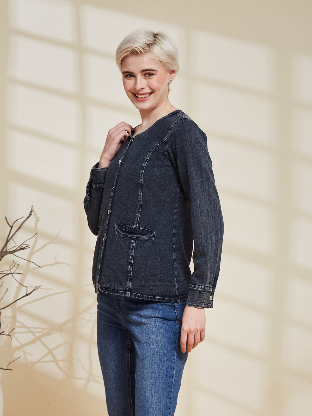 Charcoal Denim Button-Down Stylish Shirt for Women